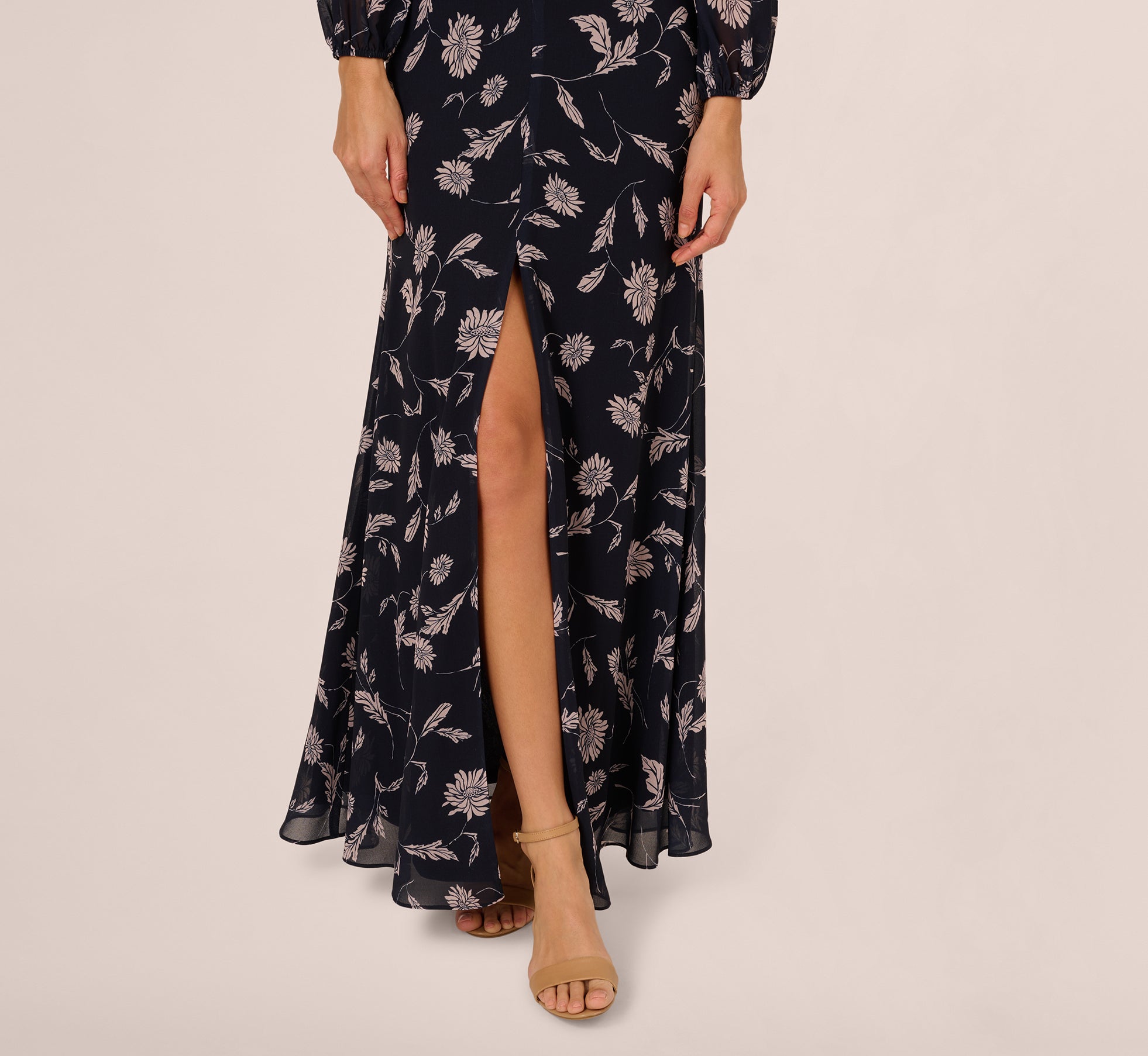 Long Sleeve Floral Chiffon Maxi Dress In Navy Blush、mySite、solidvoid