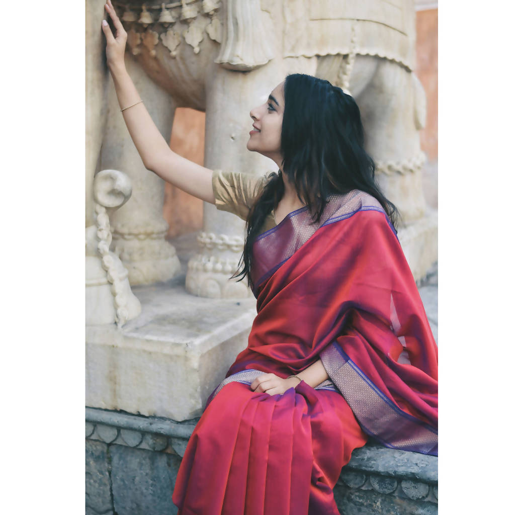 Festive Wear | Maheshwari Cotton Silk Saree | Red & Blue、mySite、camillekostekn
