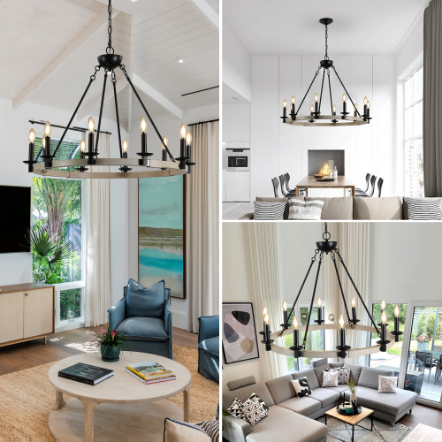 32" Rustic Farmhouse 10-Light Candle Chandelier, Black Metal and Wood Round Hanging Light Fixture for Dining Room, Kitchen, Living Room, Adjustable Height, E12 Bulb Base (No Bulbs)、、eastwooduniform