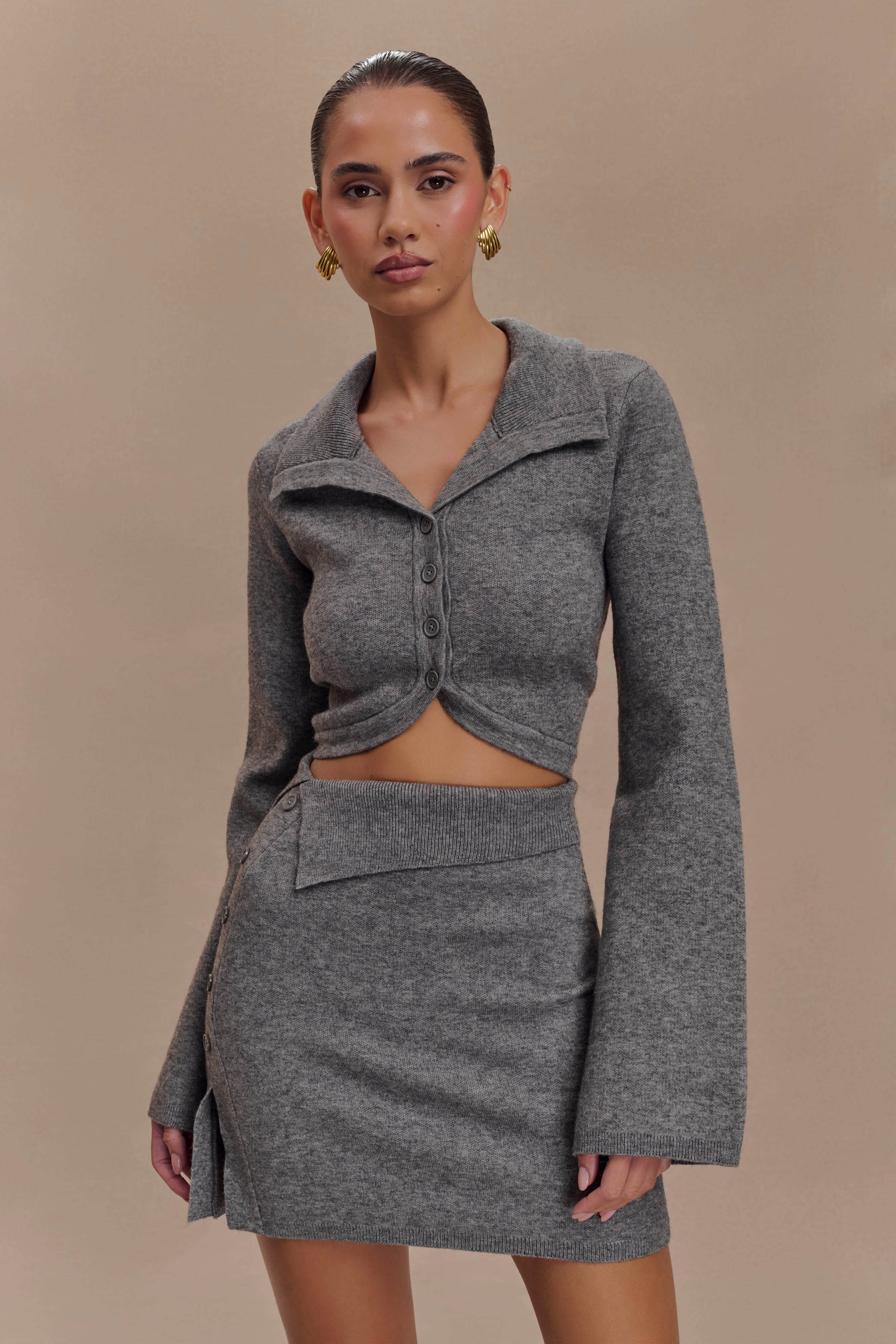 Annabelle Knit Curved Hem Cardigan - Charcoal、mySite、solidvoid