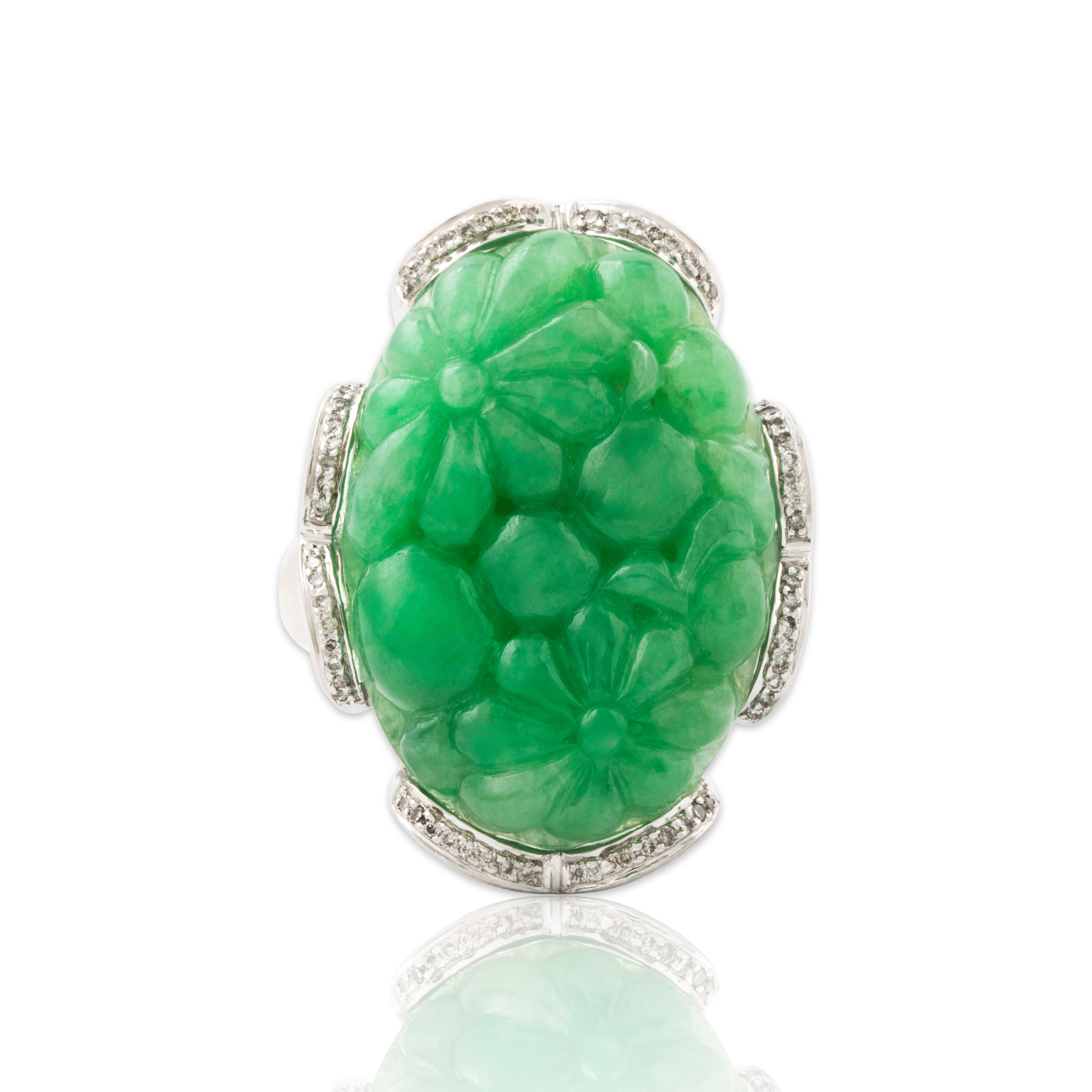 Vintage Oversized 14k White Gold 22ct Jade Diamond Carved Cocktail Ring 7.25、mySite、hinf8tx79