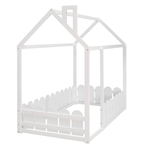 {Slats are not included}Twin Size Wood Bed House Bed Frame with Fence,for Kids,Teens, Girls,Boys {White}{OLD SKU:WF194274AAK}、、casual