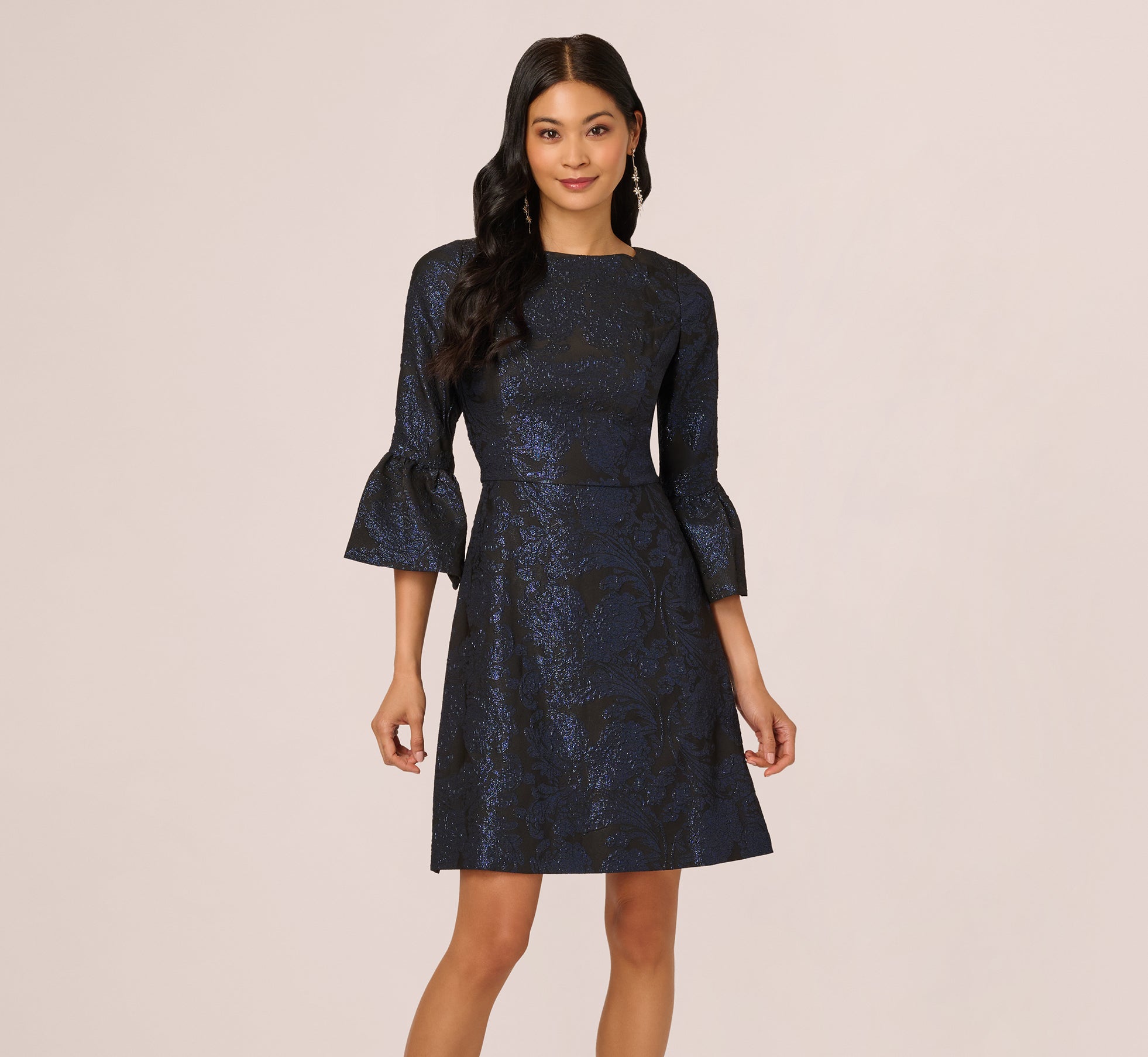 Three Quarter Bell Sleeve Short Jacquard Dress In Navy Black、mySite、solidvoid