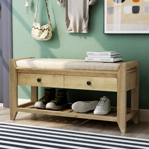 TREXM Shoe Rack with Cushioned Seat and Drawers, Multipurpose Entryway Storage Bench (Antique Navy)、、casual