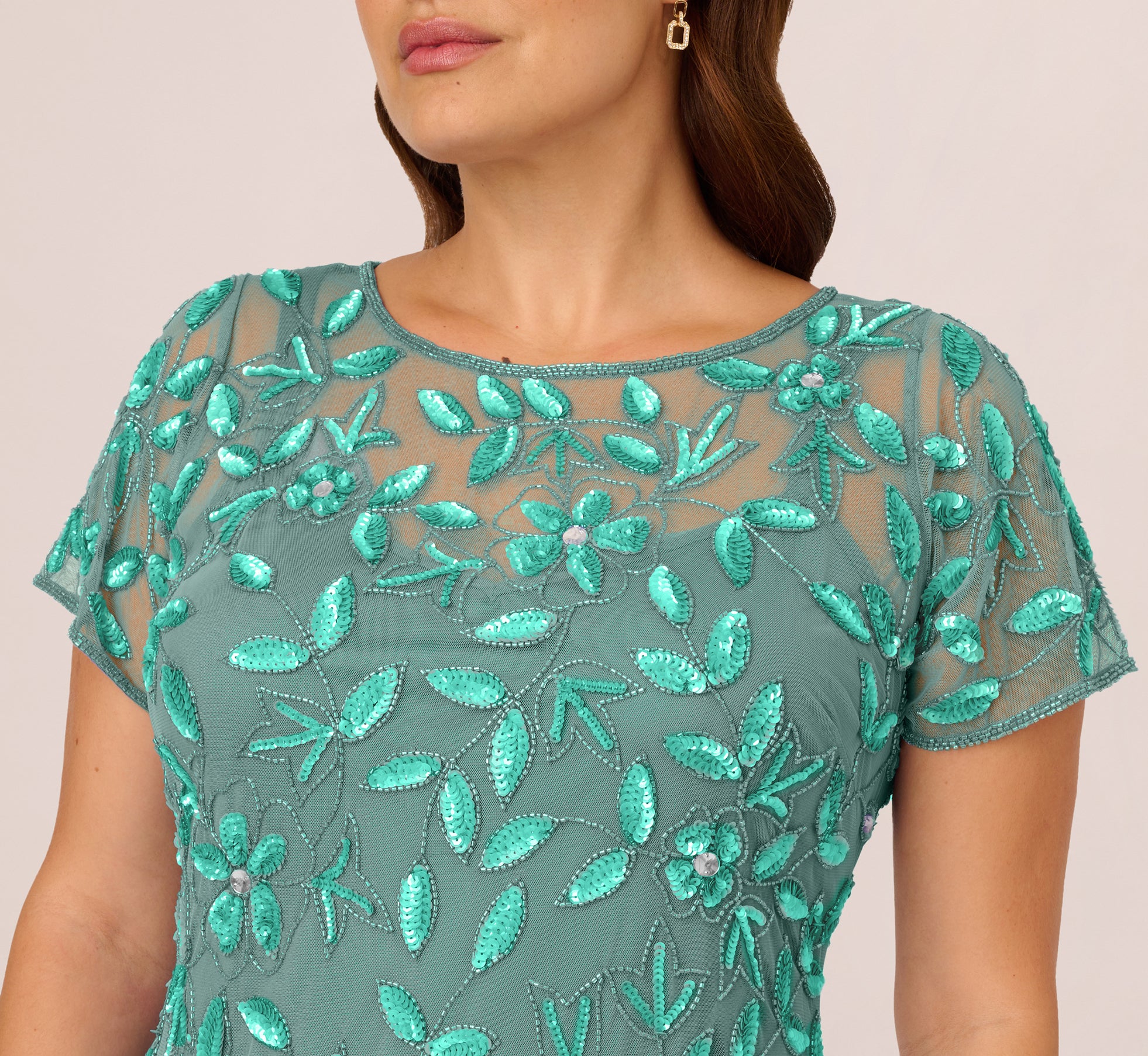 Plus Size Hand Beaded Short Sleeve Floral Godet Gown In Green Slate、mySite、solidvoid