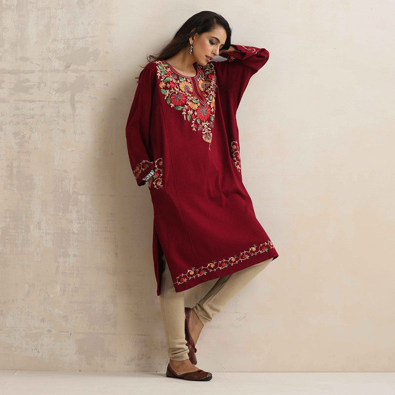 Woolen Kurta For Women | Floral Embroidered | Maroon、mySite、camillekostekn