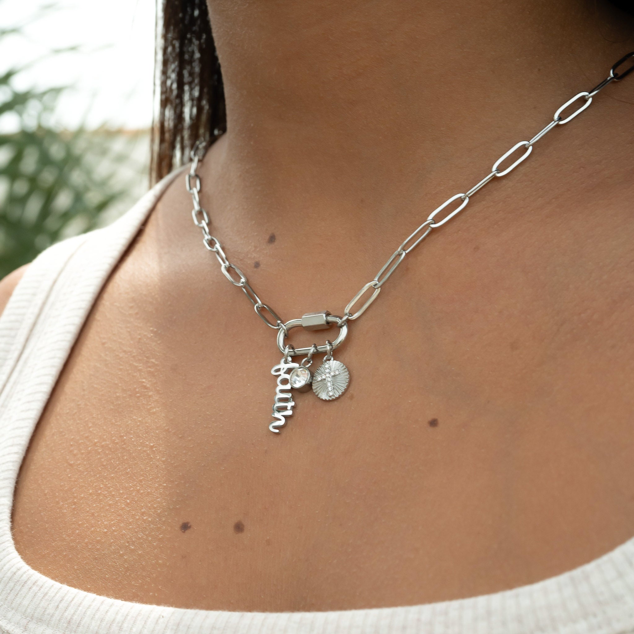 18K Gold PVD Stainless Steel Carabiner Faith Charm Paperclip Necklace / CHN0049、mySite、dreamappss