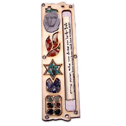  Star of David Mezuzah with Israel Gemstones - 3 Layers Wooden Mezuzah (17cm or 6.8 inches)、mySite、elrpsem3k