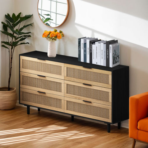 51.18"6-Drawers Rattan Storage Cabinet Rattan Drawer,for Bedroom,Living Room,Natural (Same SKU:W757P198980)、、casual