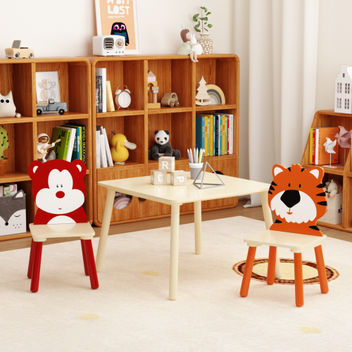 Kids Table and 2 Chairs Set, 3 Pieces Toddler Table and Chair Set, Wooden Activity Play Table Set (Lion&Monkey)、、casual