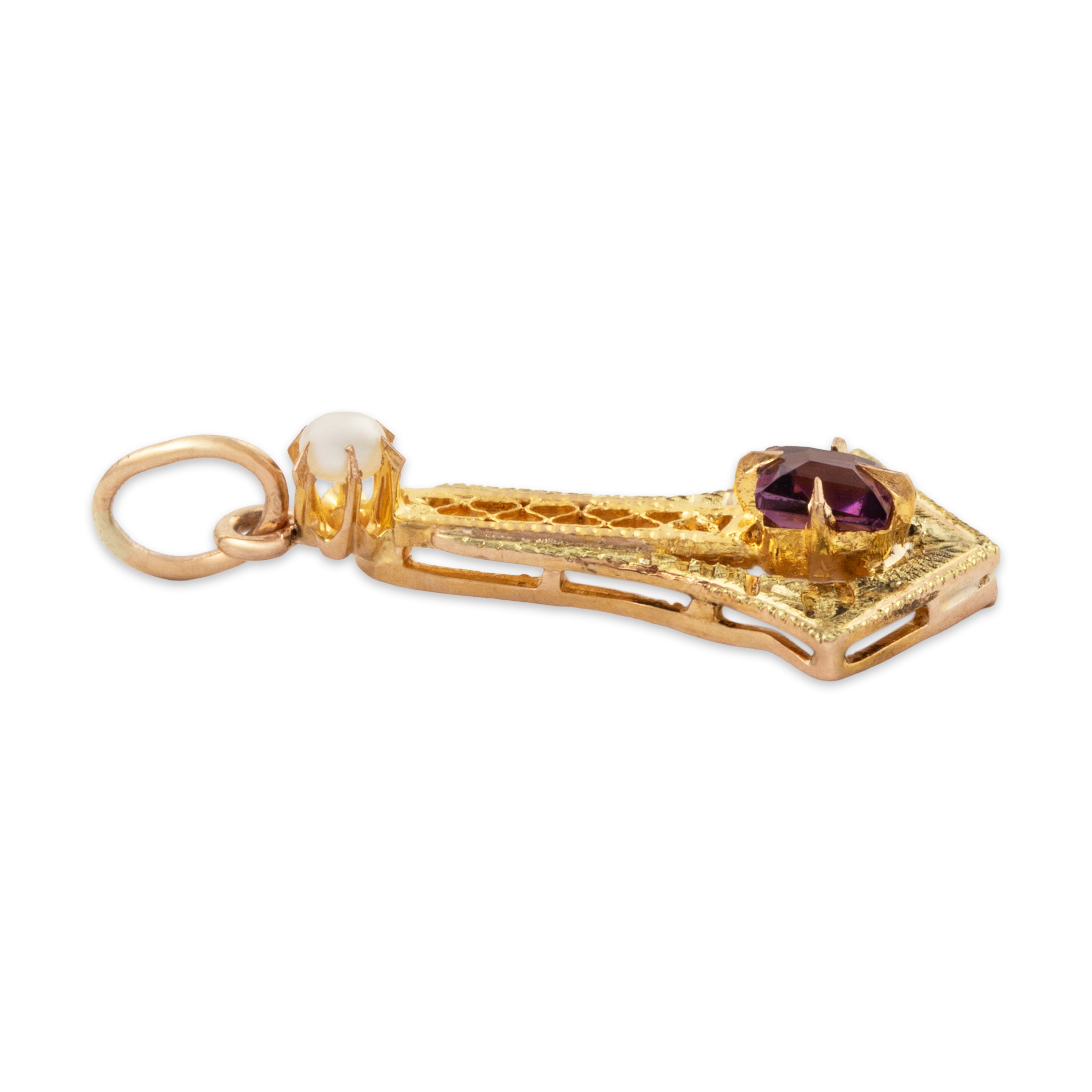 Antique Art Deco 14k Yellow Gold Amethyst Ornate Openwork Charm / Pendant、mySite、hinf8tx79