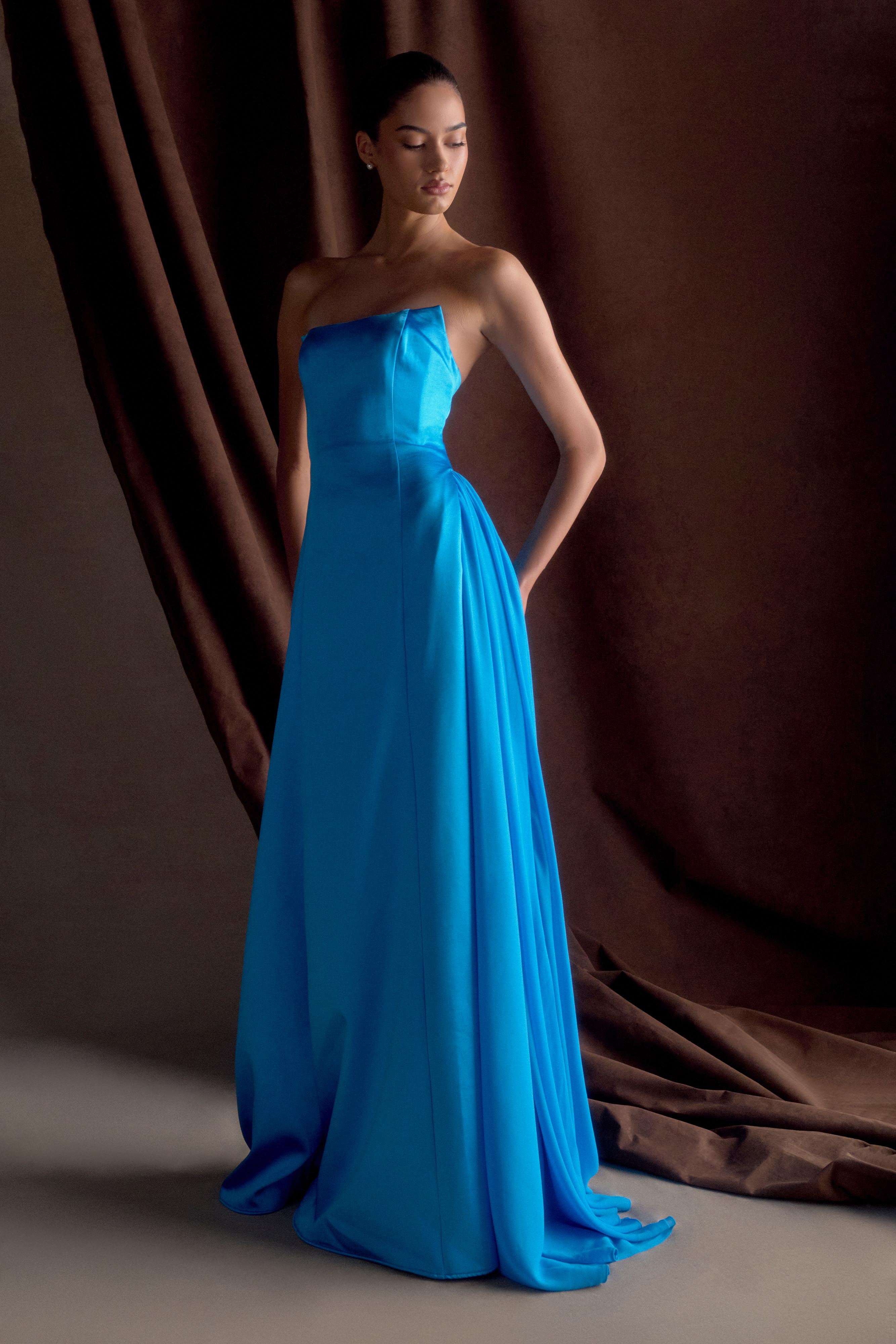 Rosella Satin Strapless Maxi Dress - Cyan Blue、mySite、solidvoid