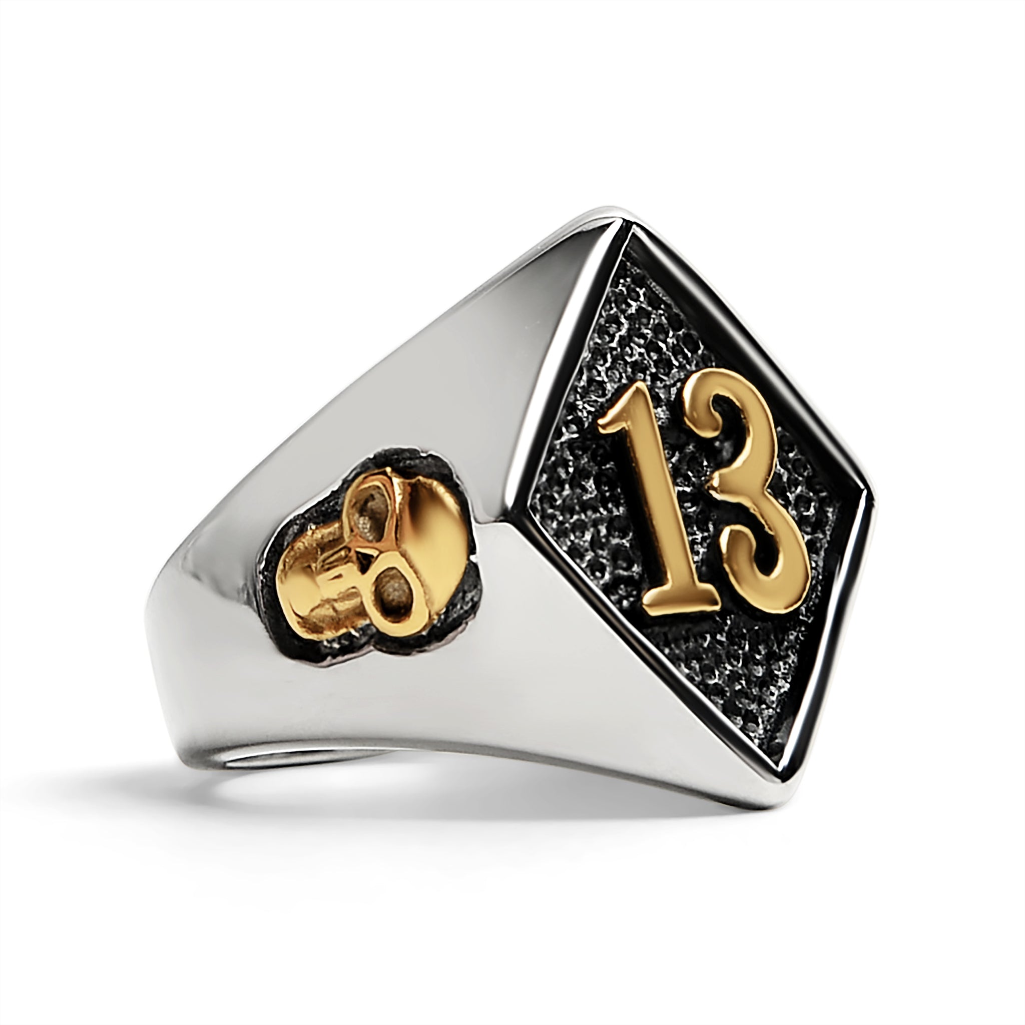 Stainless Steel 18K Gold PVD Coated Accents 13 and Skulls Signet Ring / SCR3042、mySite、dreamappss