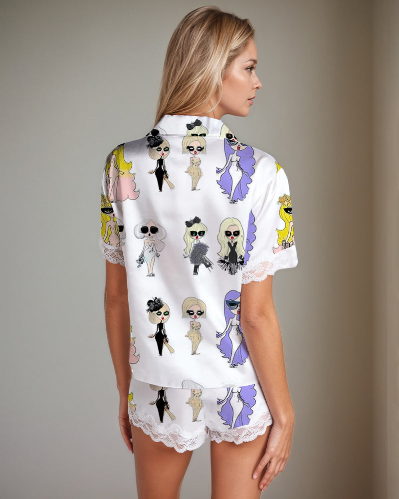 Women Retro Graffiti Cartoon Pattern Satin Pajama Set、mySite、bengalsvssteelers