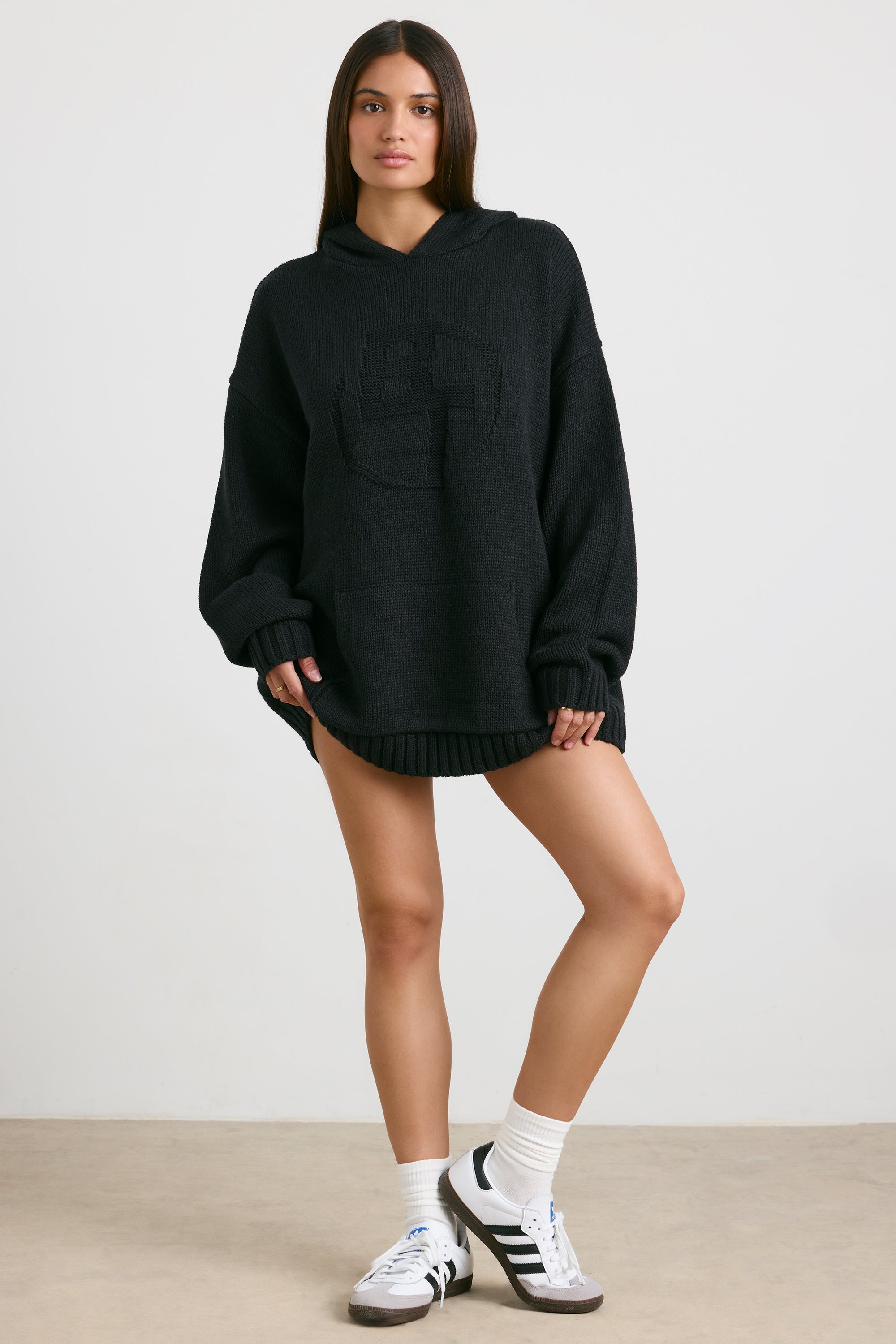 Oversized Chunky Knit Hoodie in Black、mySite、solidvoid