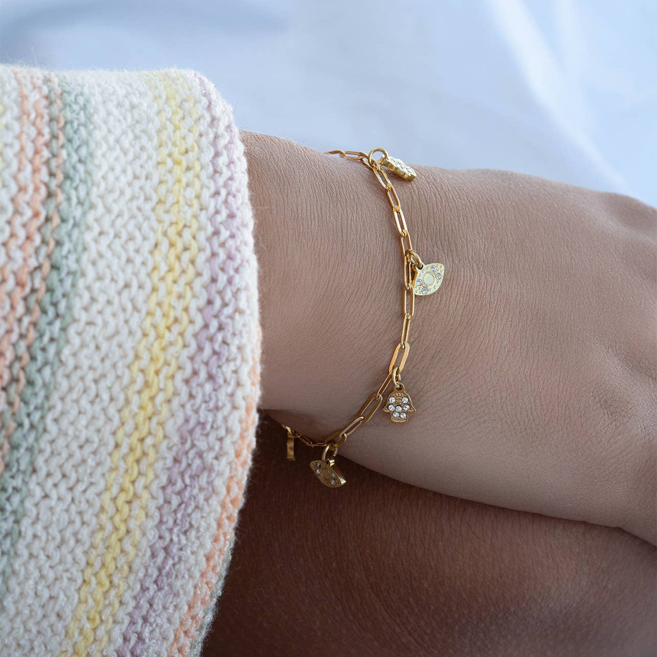 Crystal Hamsa and Evil Eye Paperclip Bracelet - 18k Gold-Plated、mySite、topwebapps