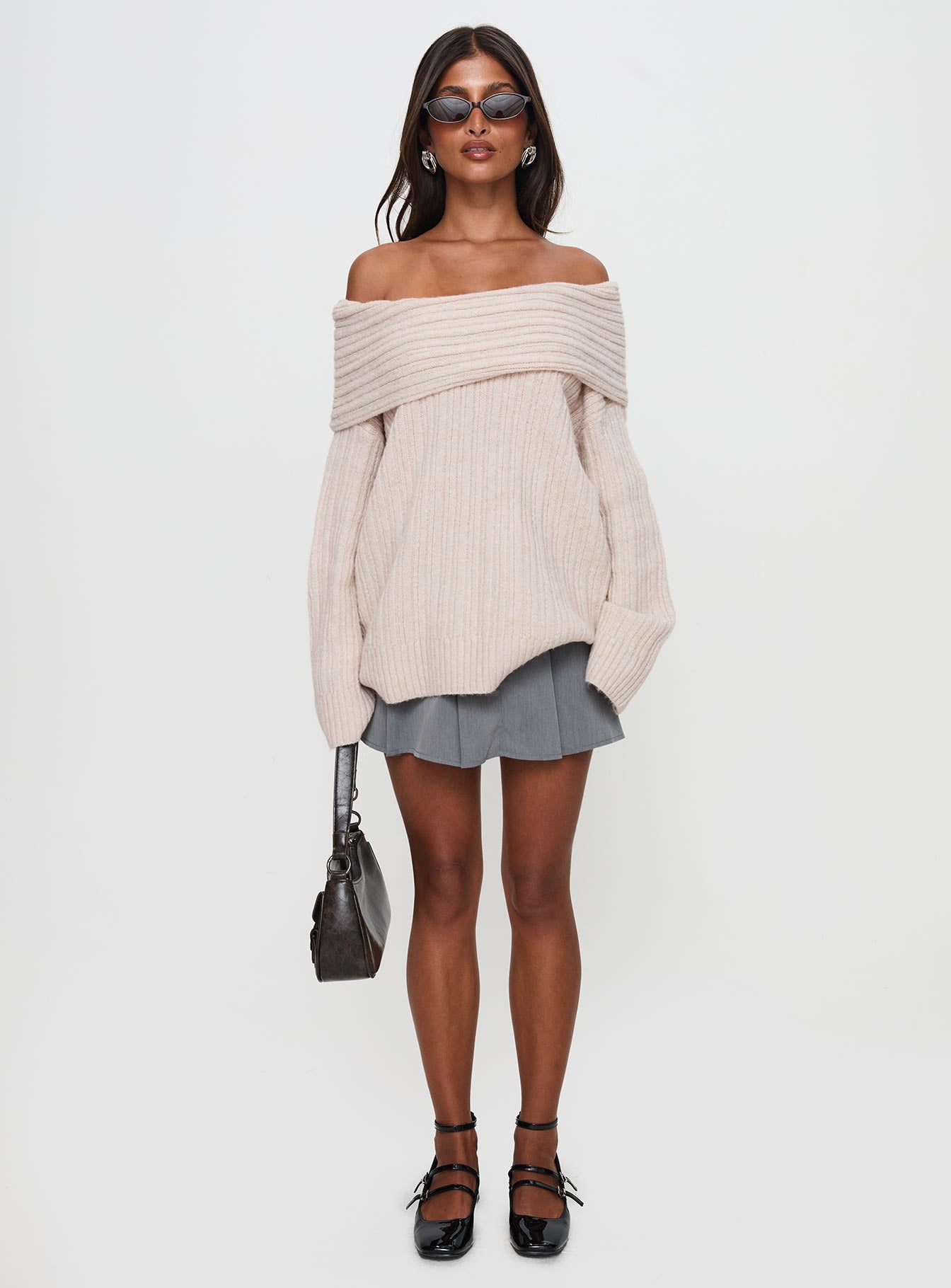 Mirrelle Off Shoulder Knit Sweater Beige、mySite、solidvoid