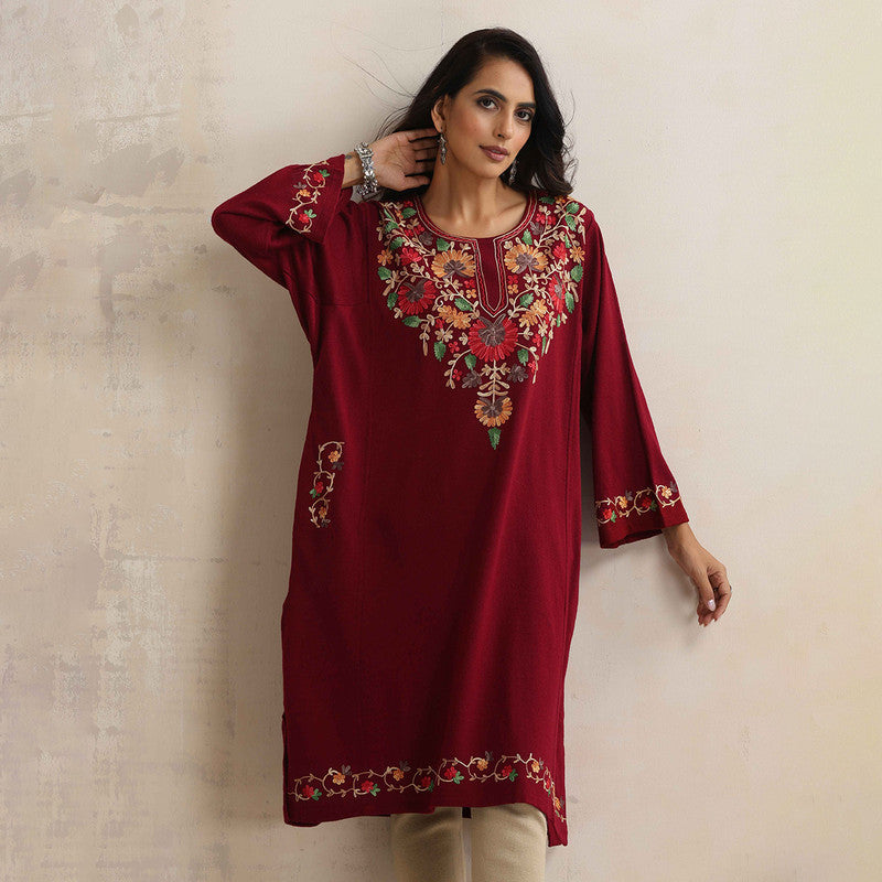 Woolen Kurta For Women | Floral Embroidered | Maroon、mySite、camillekostekn