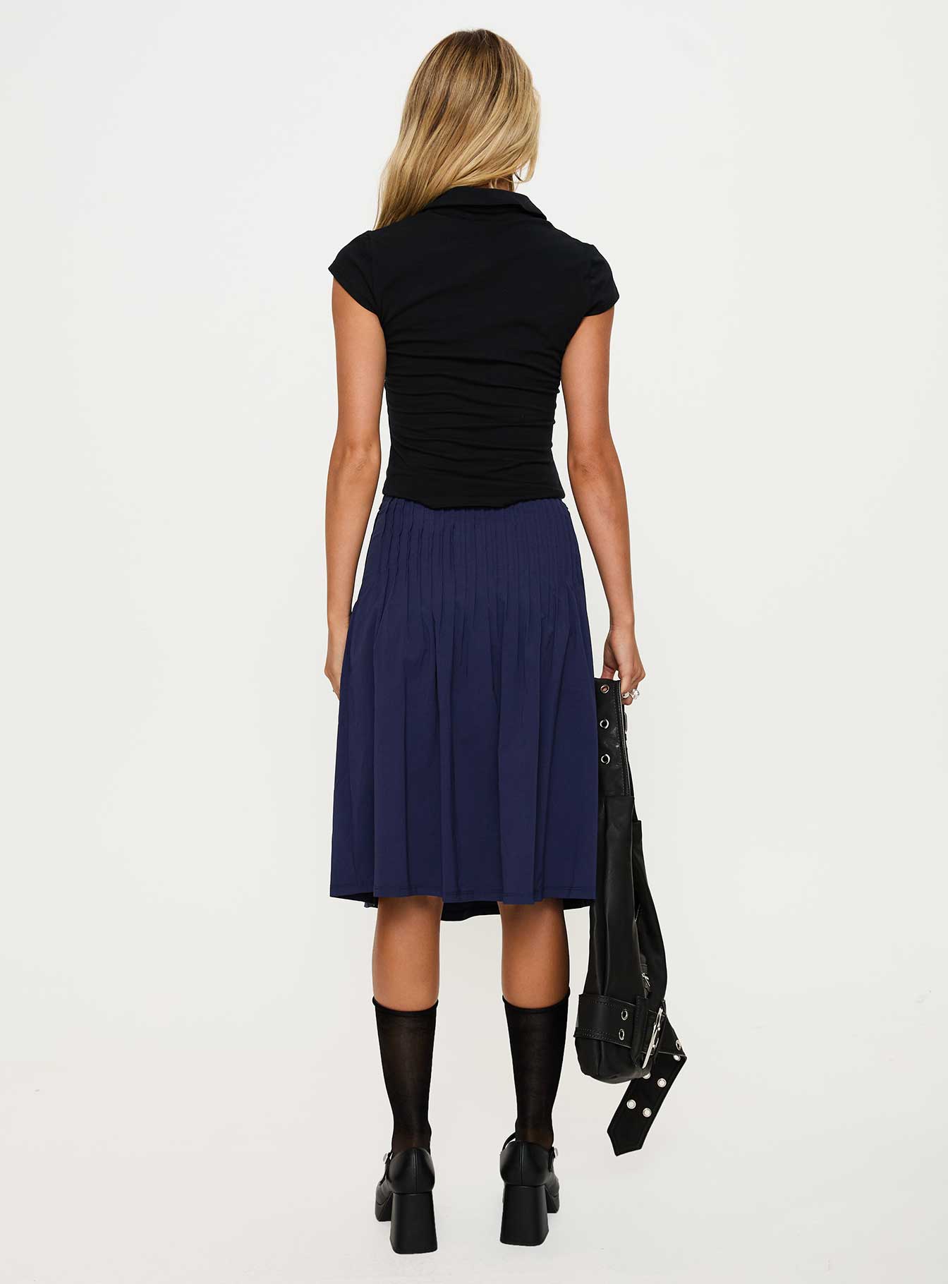 Elaila Pleat Midi Skirt Navy、mySite、solidvoid