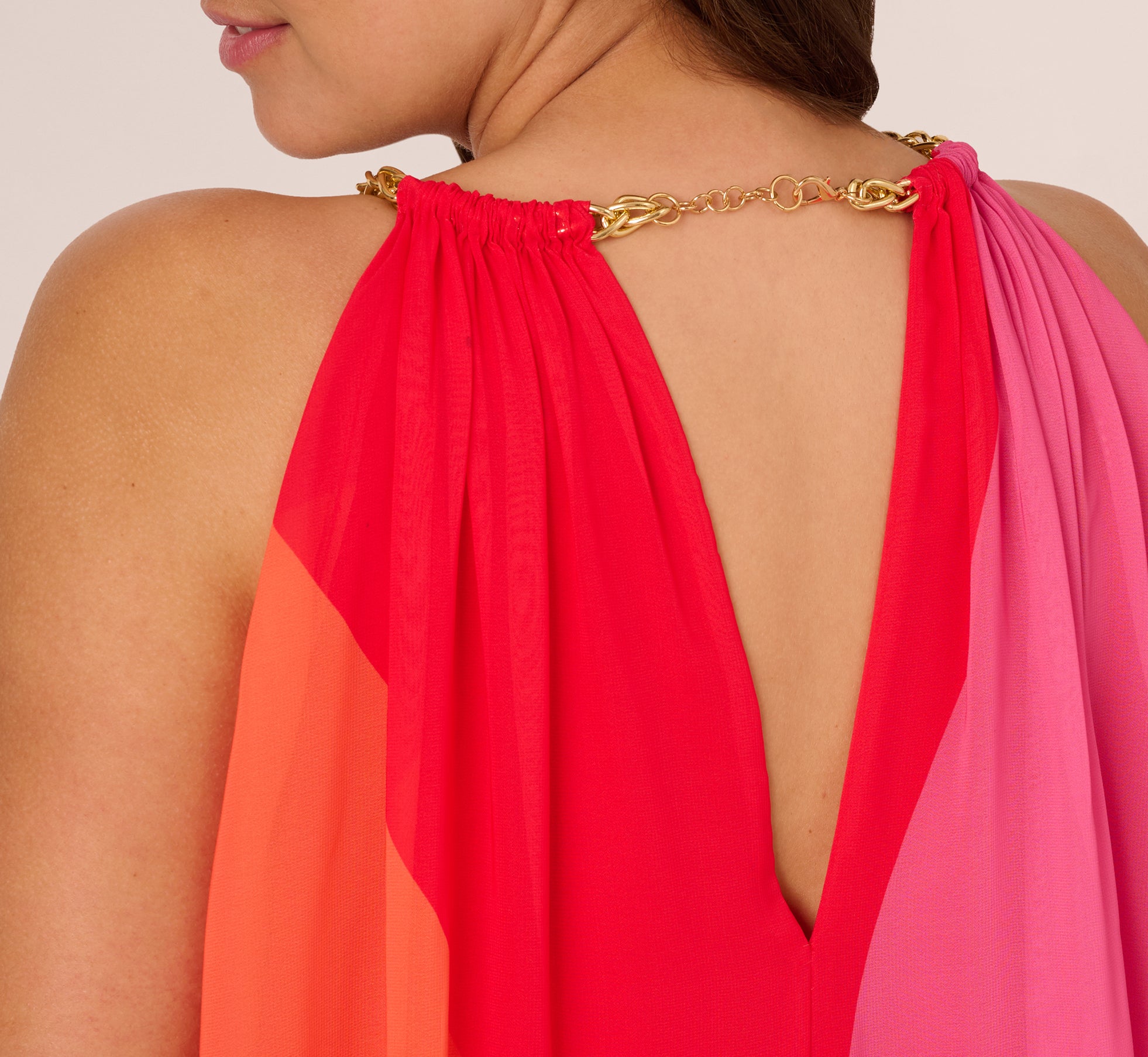 Plus Size Color Block Chiffon Trapeze Dress With Chain Halter Neckline In Red Multi、mySite、solidvoid