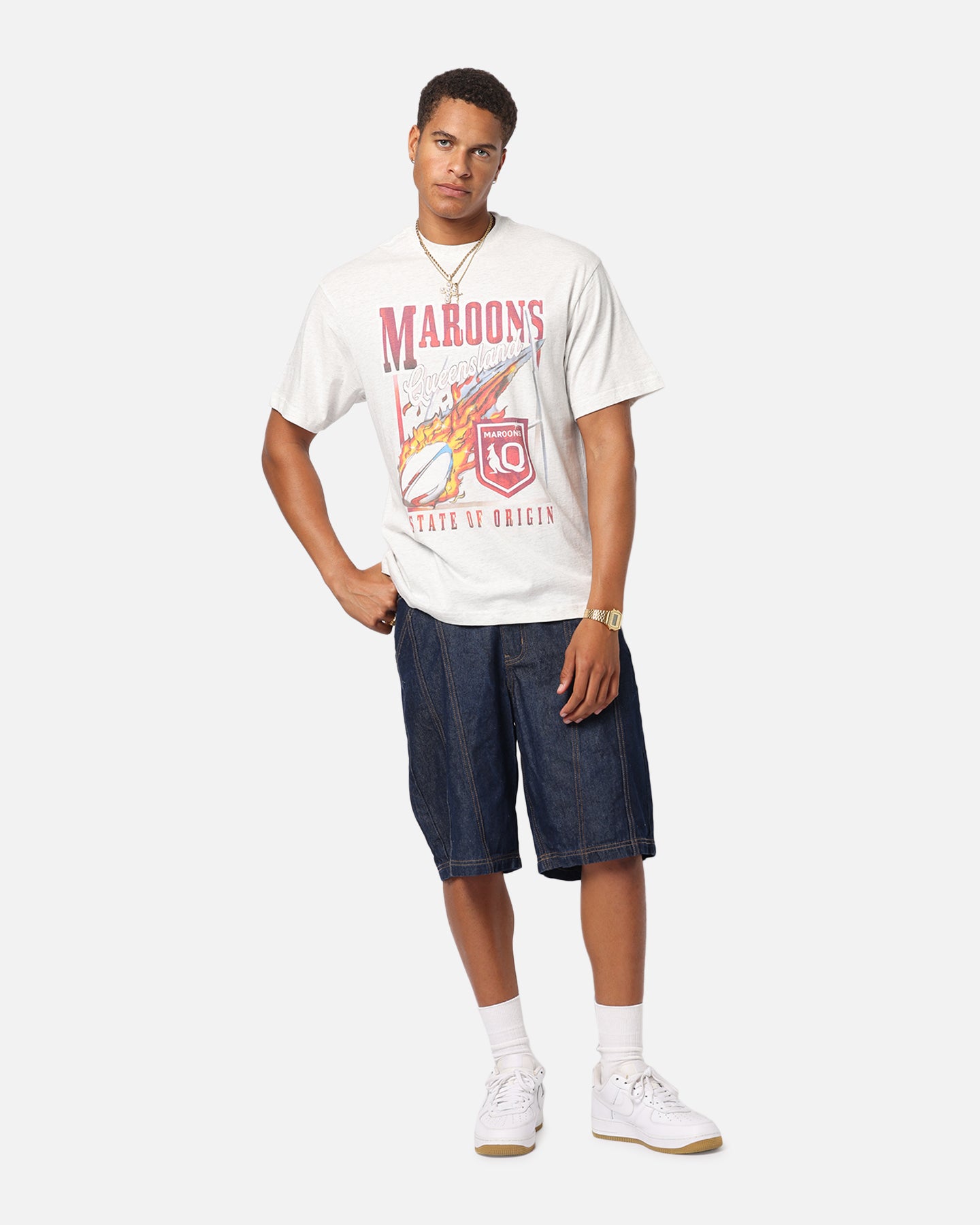 Queensland Ruby League Queensland Maroons Flaming Ball T-Shirt Silver Marle、mySite、zt4zffjzw