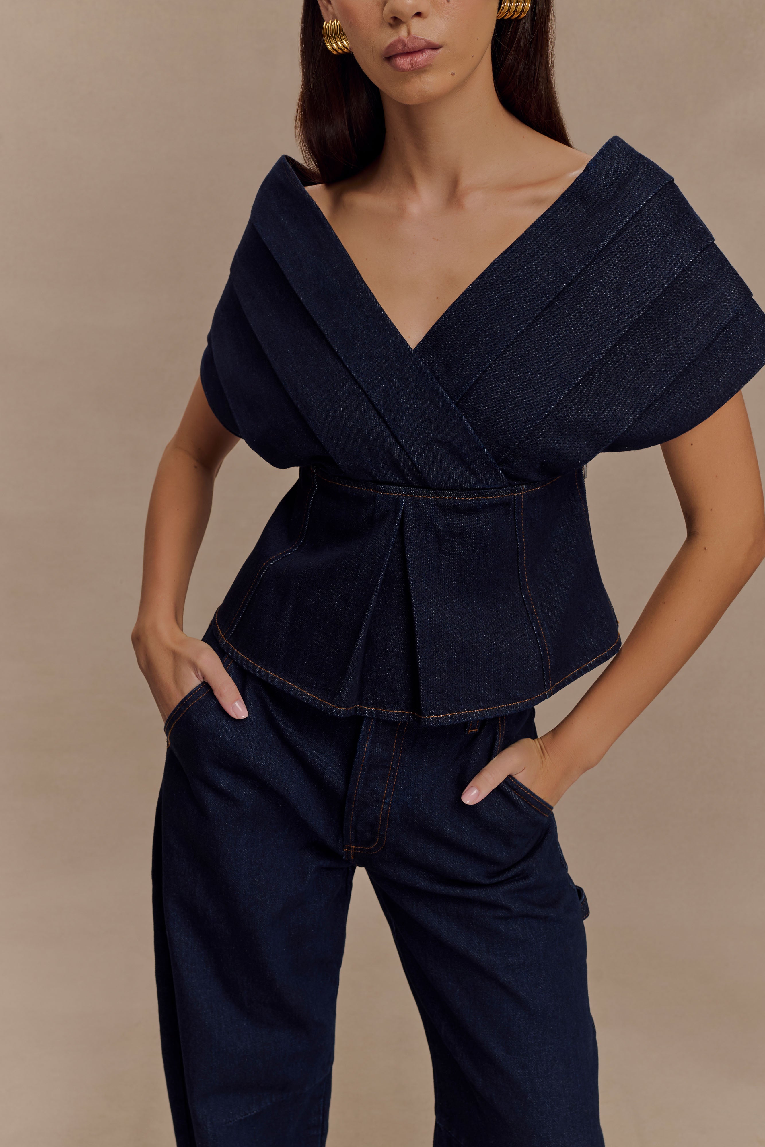 Rayne Off Shoulder Denim Top - Indigo Blue、mySite、solidvoid