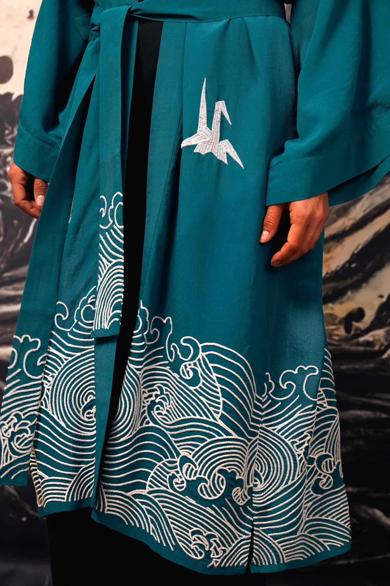 Origami & Hokusai Wave Embroidered Fully Lined Deep Teal Long Kimono、mySite、bengalsvssteelers