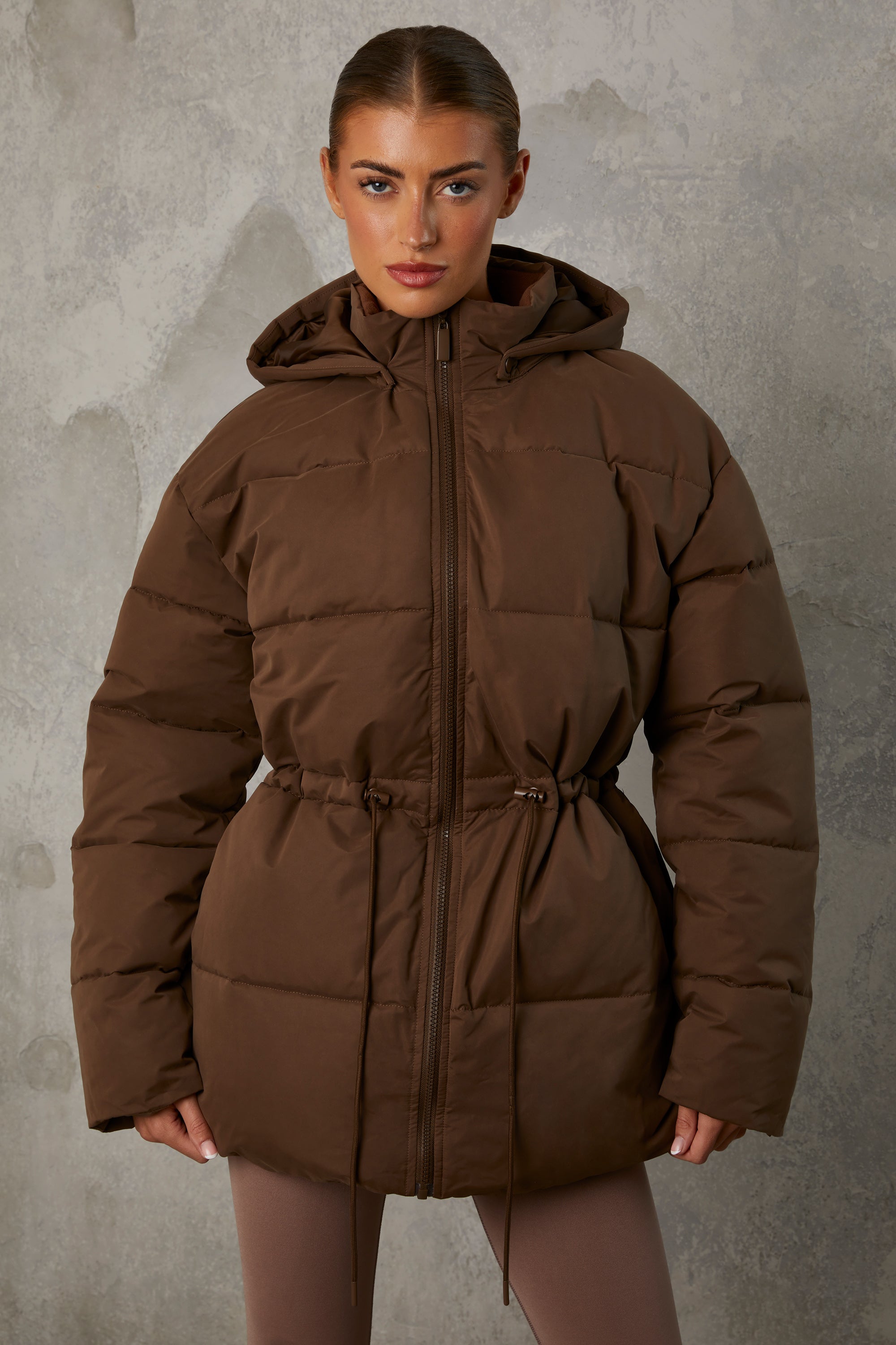 Mid Length Hooded Puffer Coat in Cocoa Brown、mySite、solidvoid