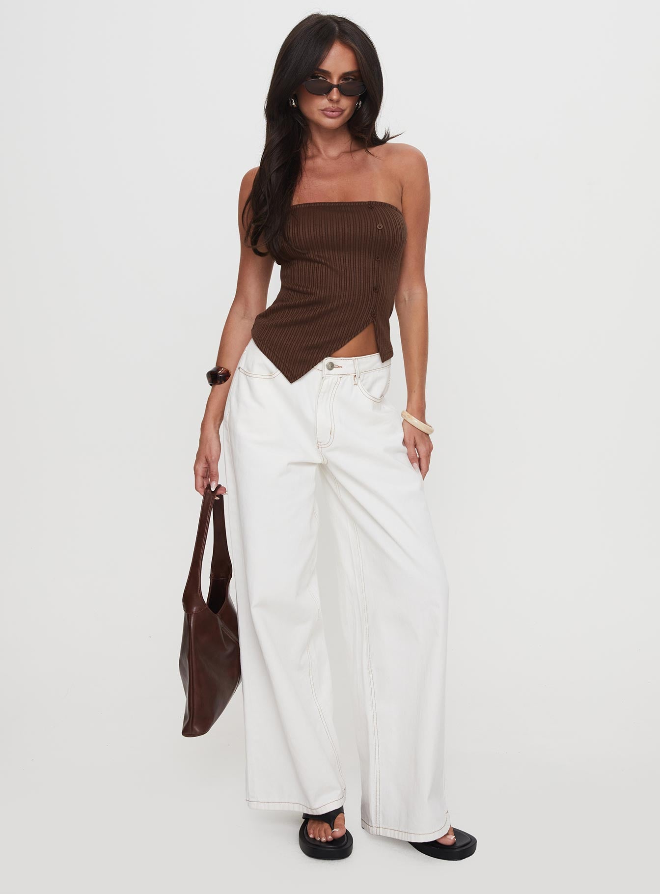 Slow Down Time Strapless Button Detail Top Chocolate、mySite、solidvoid