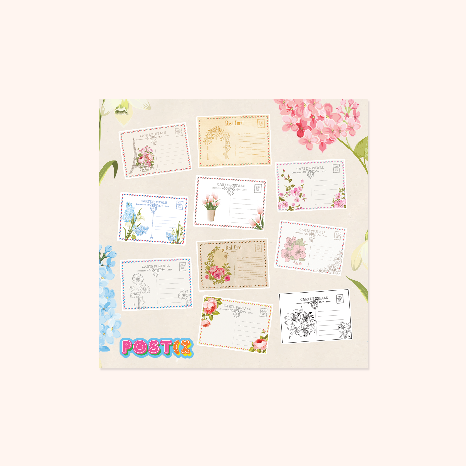  Vintage Mini Postcards Square Paper Sticker Sheet、mySite、ghnorth