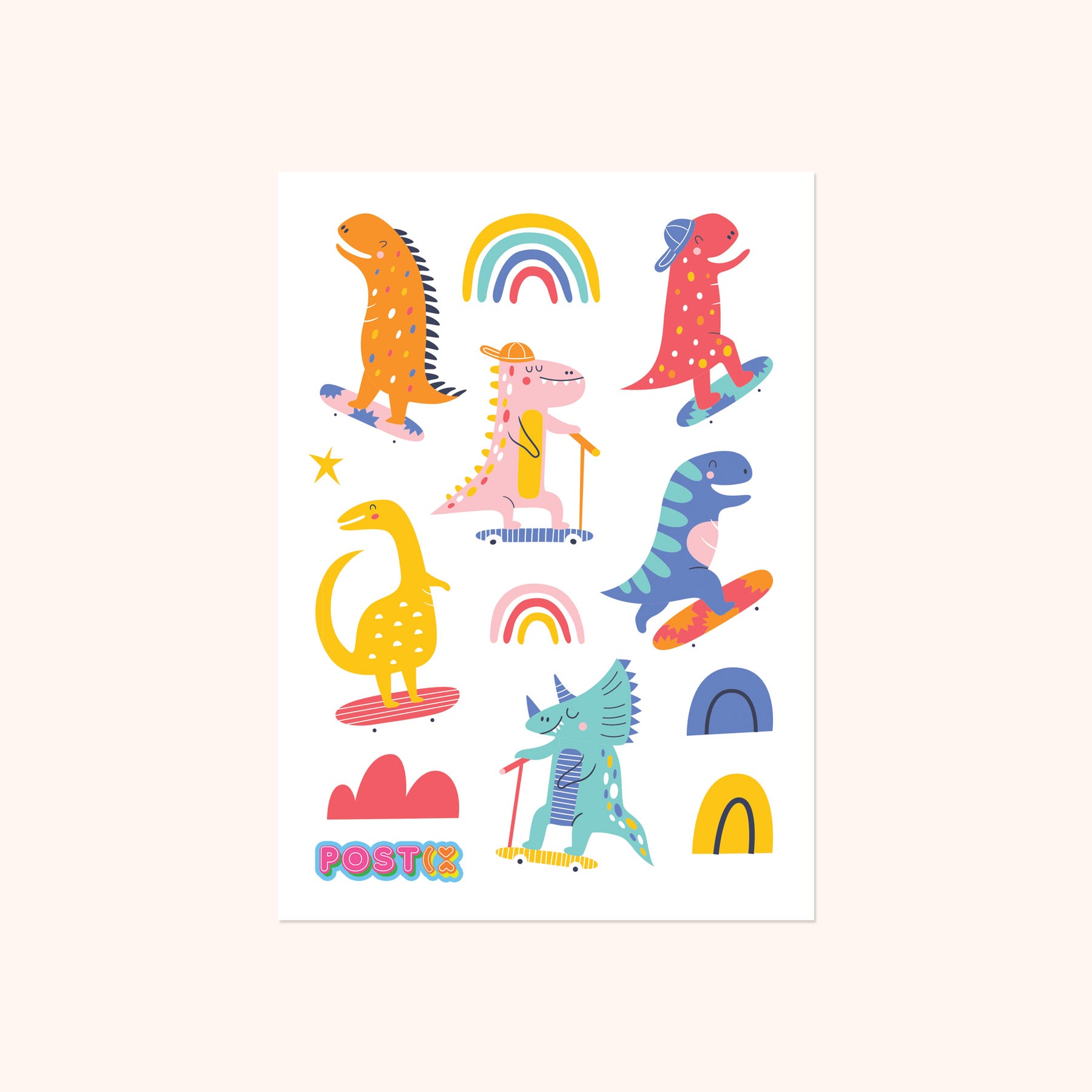  Dino Rainbow Riders A6 Sticker Sheet、mySite、ghnorth