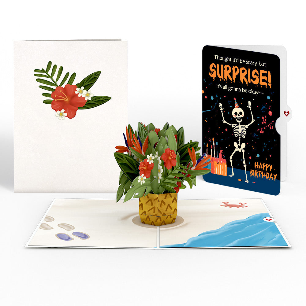 Tropical Flower Basket Birthday Pop-Up Card and Surprise Skeleton Sentiment Set、mySite、solidvoid
