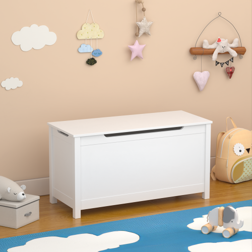 Kids Wooden Toy Box Storage with Safety Hinged Lid for Ages 2+ (White)、、casual