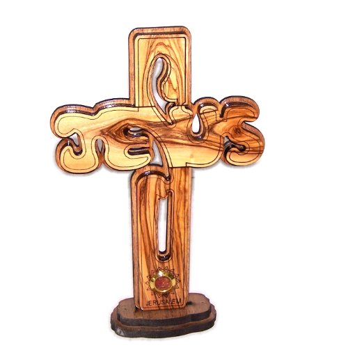 Holy Land Market Jesus Name Olive Wood Cross Carved by Laser with Incense Sample- Hanging or Standing (16 cm or 6 inches) Small/Certificate、mySite、topwebapps