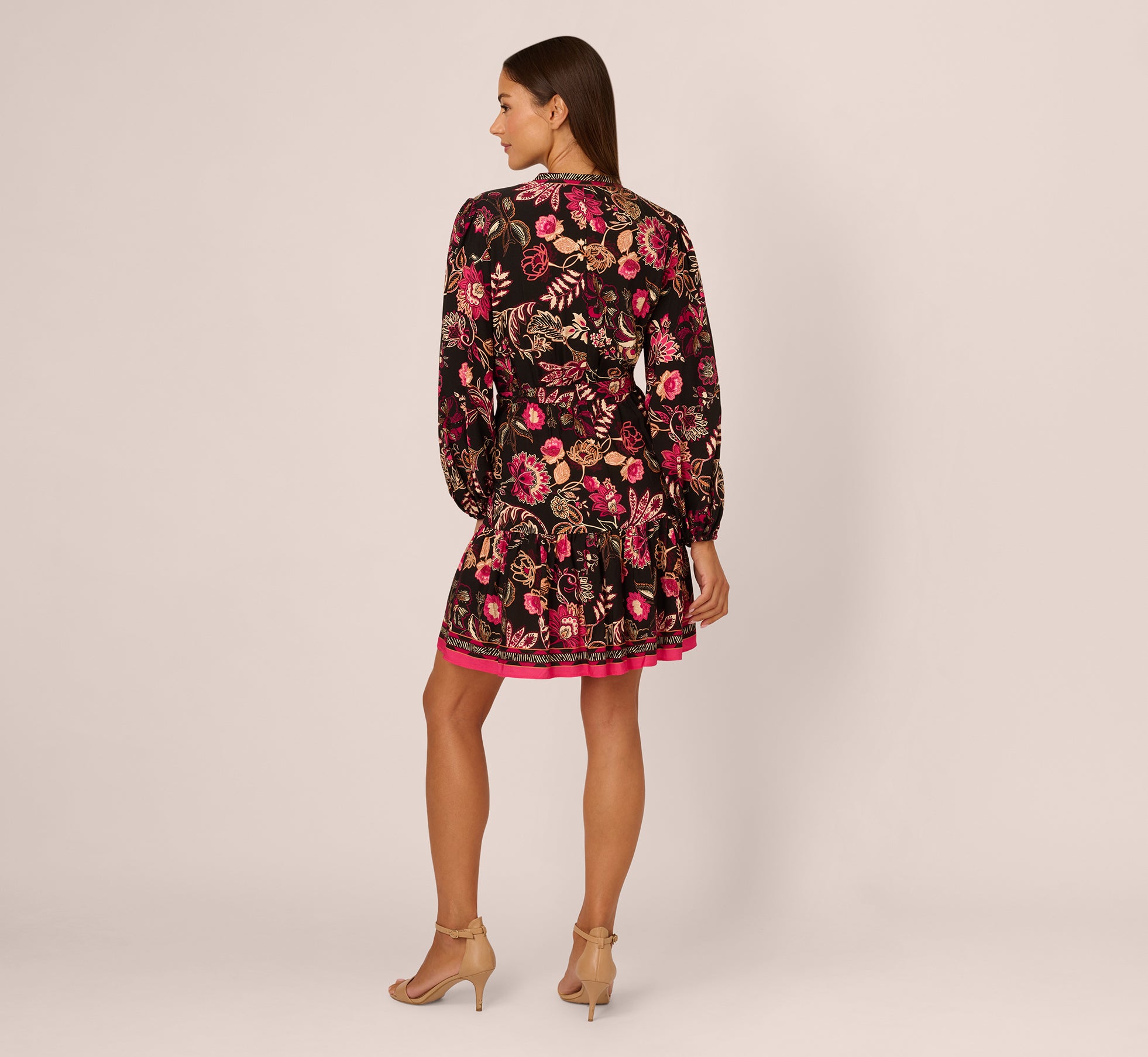 Floral Printed V Neck Button Front Dress With Long Sleeves In Black Multi、mySite、solidvoid