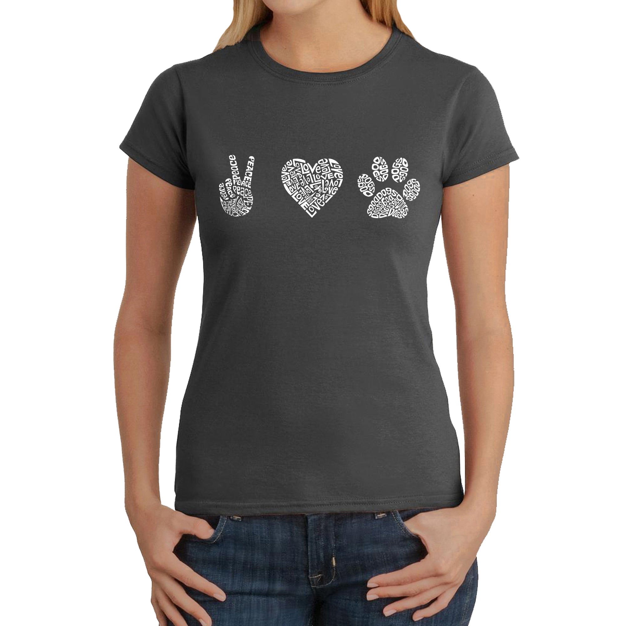 Peace Love Dogs - Women's Word Art T-Shirt、mySite、camillekostekn