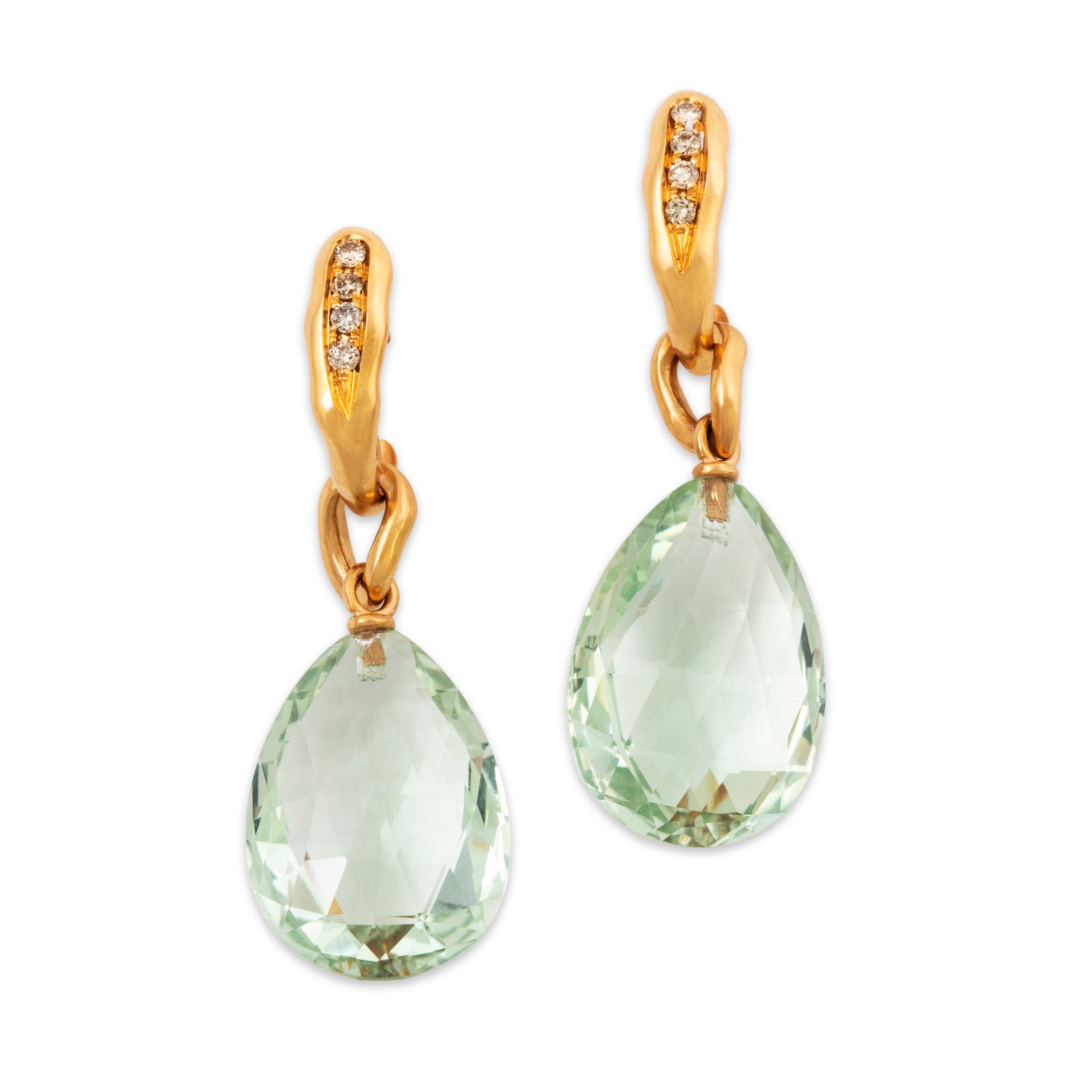 Vintage 18k Yellow Gold 19cttw Prasiolite Diamond Briolette Dangle Earrings、mySite、hinf8tx79