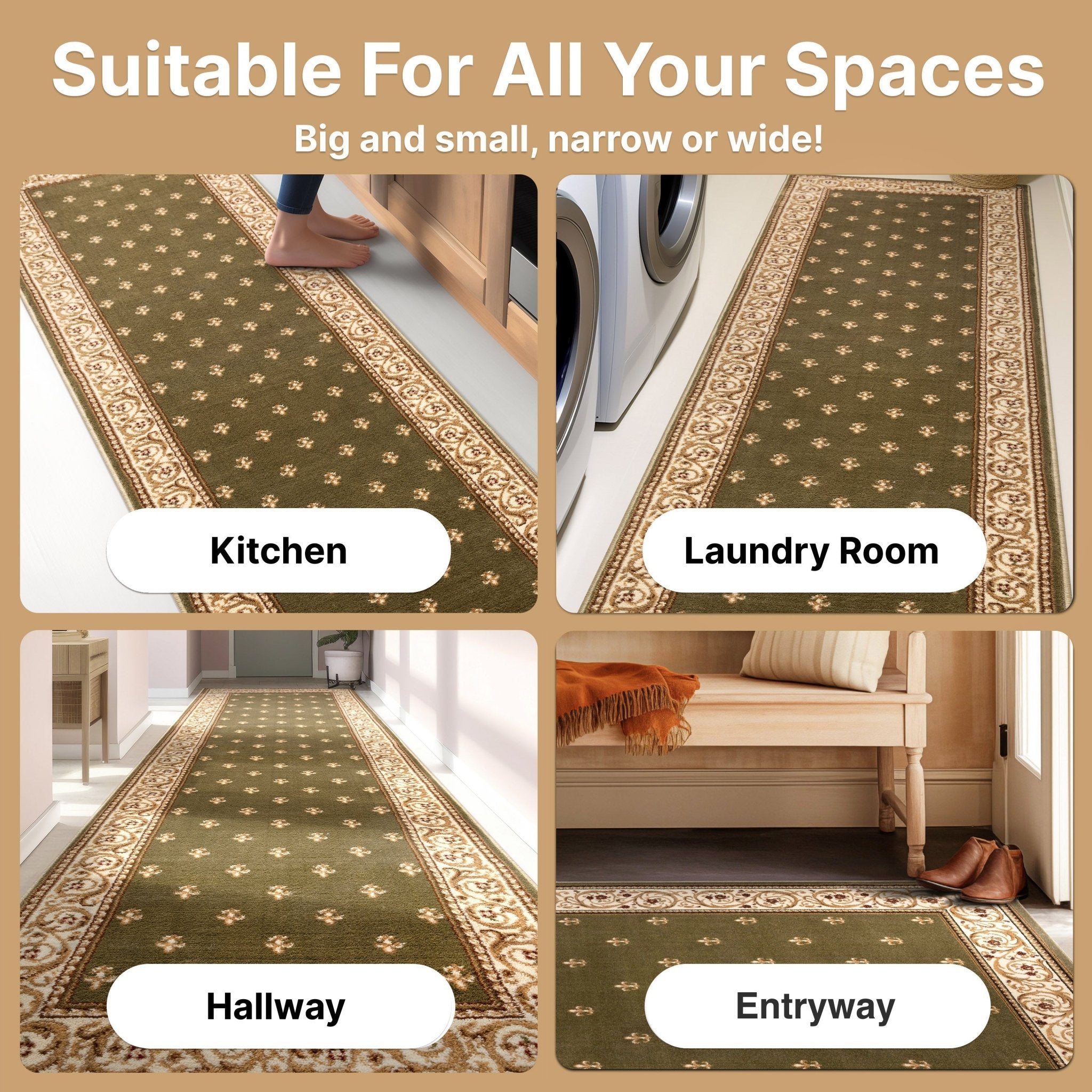 Custom Size Hallway & Stair Runner Fleur de Lis Traditional Green 27 Inch Wide x Choose Your Custom Length Runner Rug、mySite、gigharbornorthrealestate