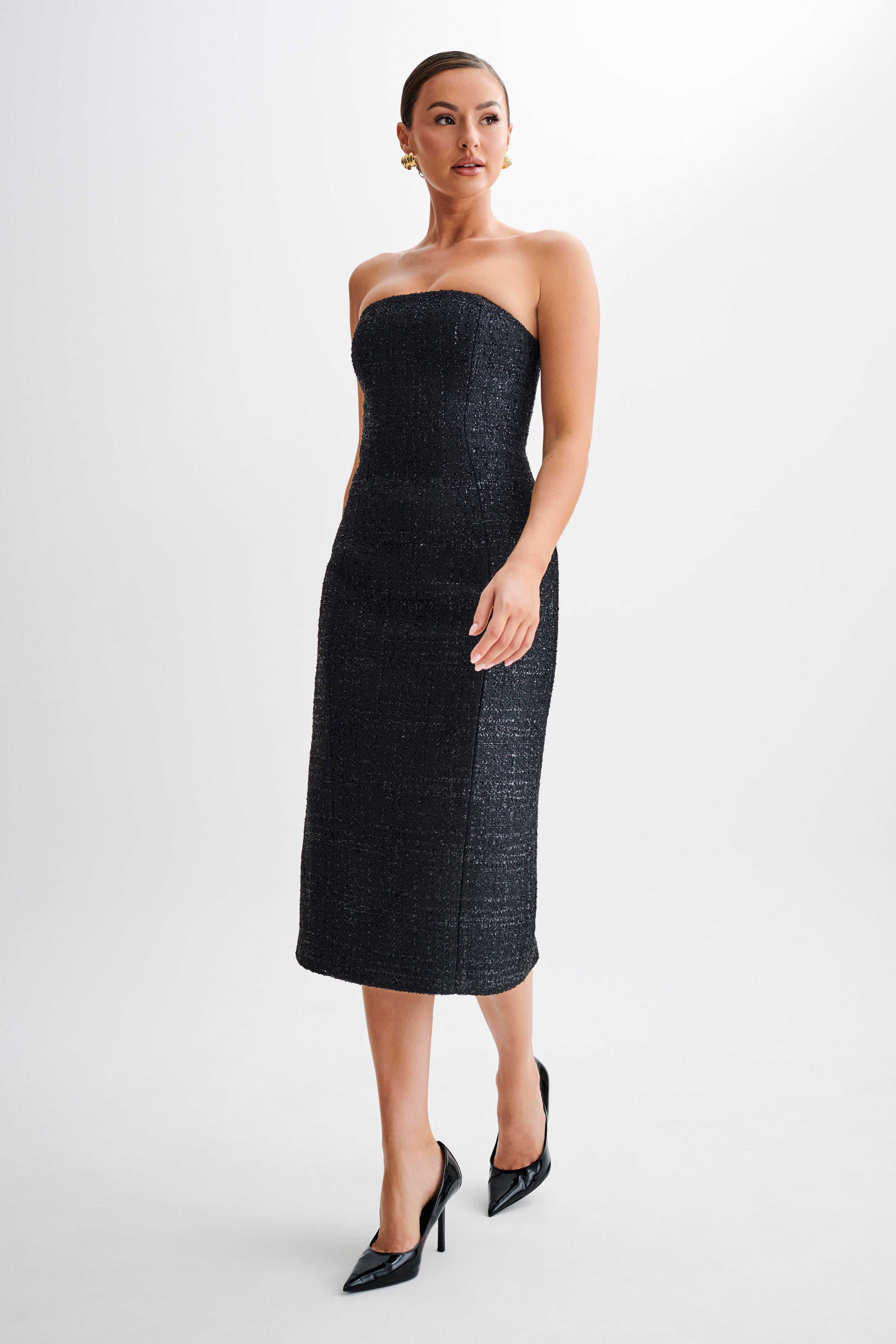 Monet Tweed Strapless Midi Dress - Black、mySite、solidvoid