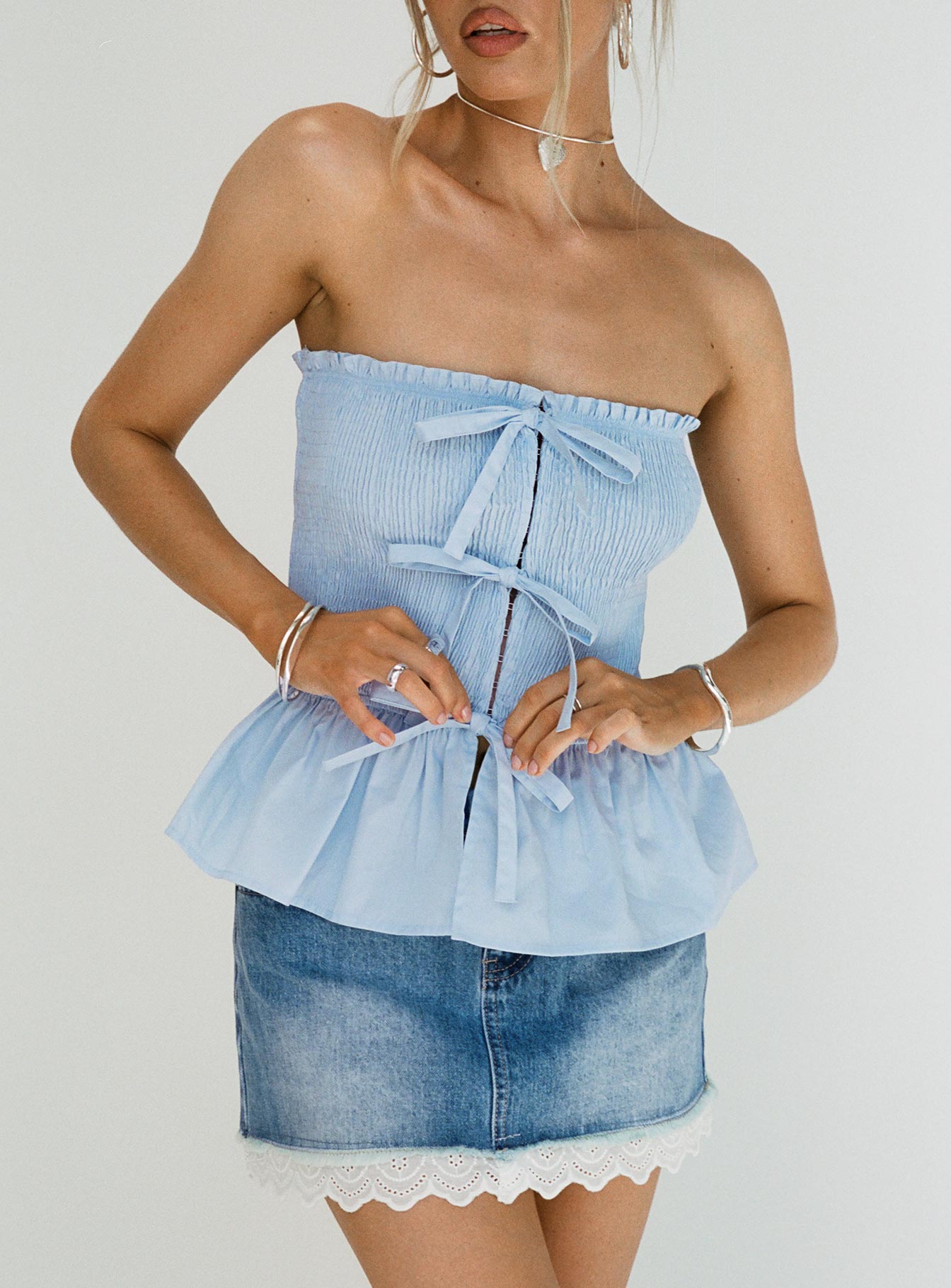 Jaymie Strapless Bow Top Blue、mySite、solidvoid