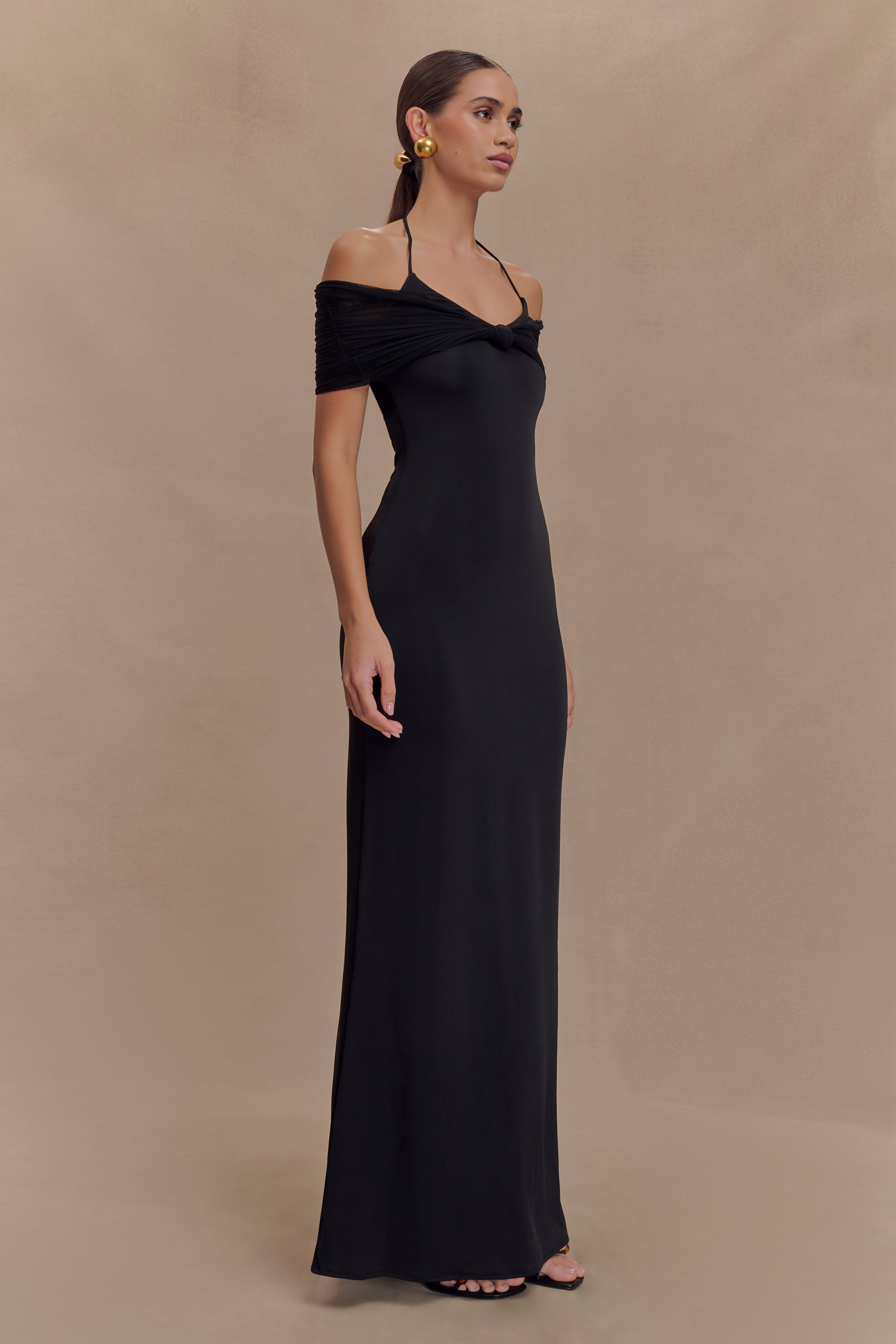 Bernadina Mesh And Slinky Halter Maxi Dress - Black、mySite、solidvoid