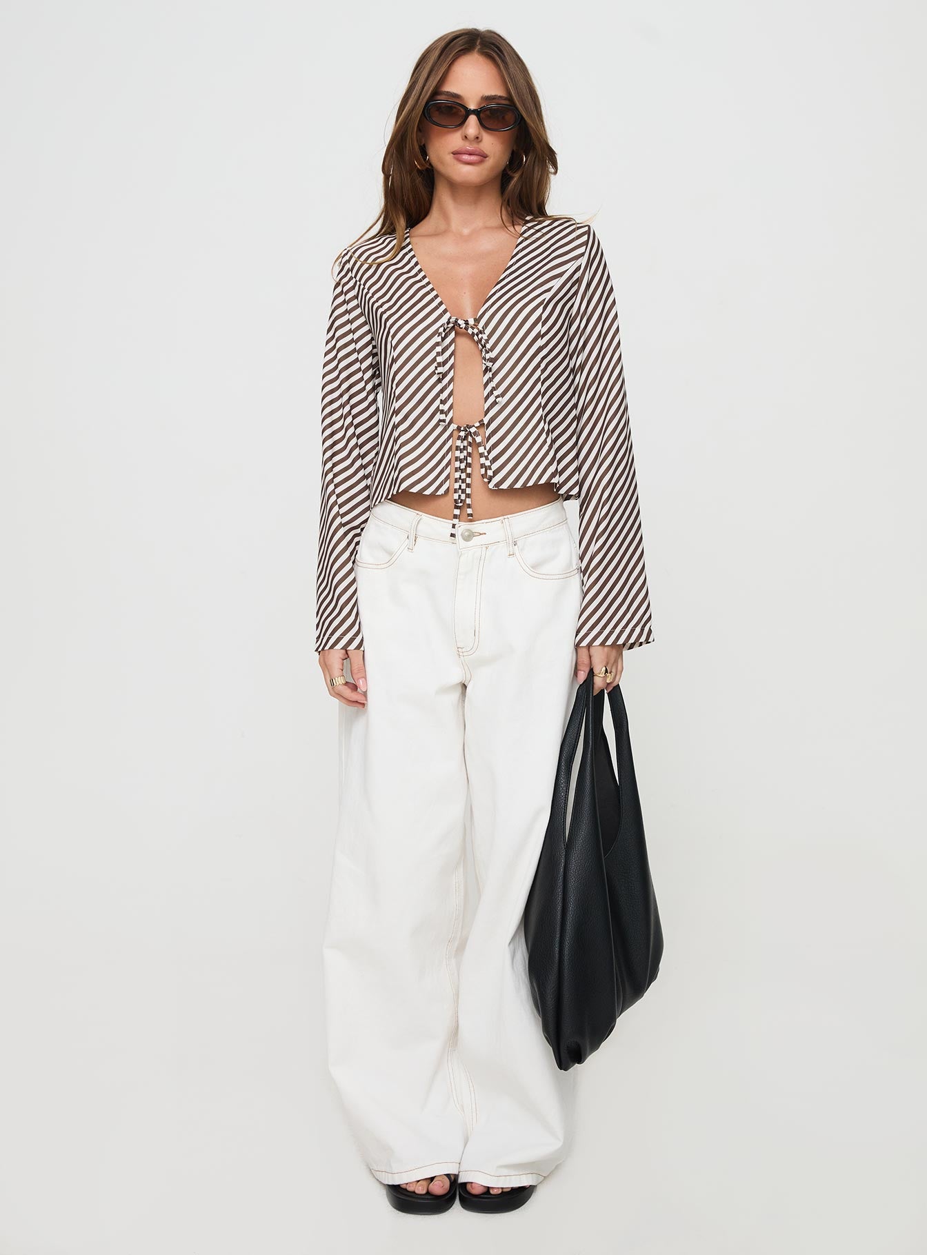 Maxette Long Sleeve Tie Top Brown Stripe、mySite、solidvoid