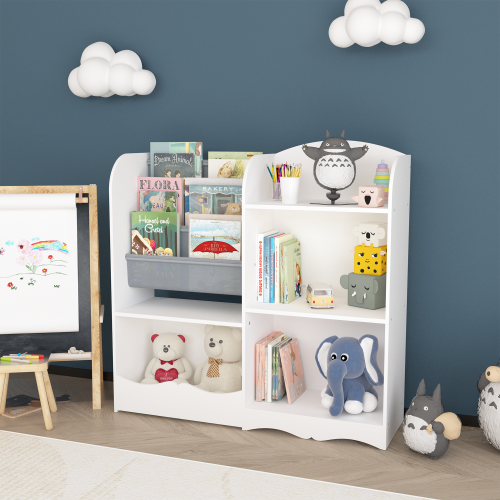 Kids Bookcase and Bookshelf, Multifunctional Bookcase with 3 Collapsible Fabric Drawers, Bookcase Display Stand, Toy Storage Organizer for Bedroom, Playroom, Hallway (White/Gray)、、casual