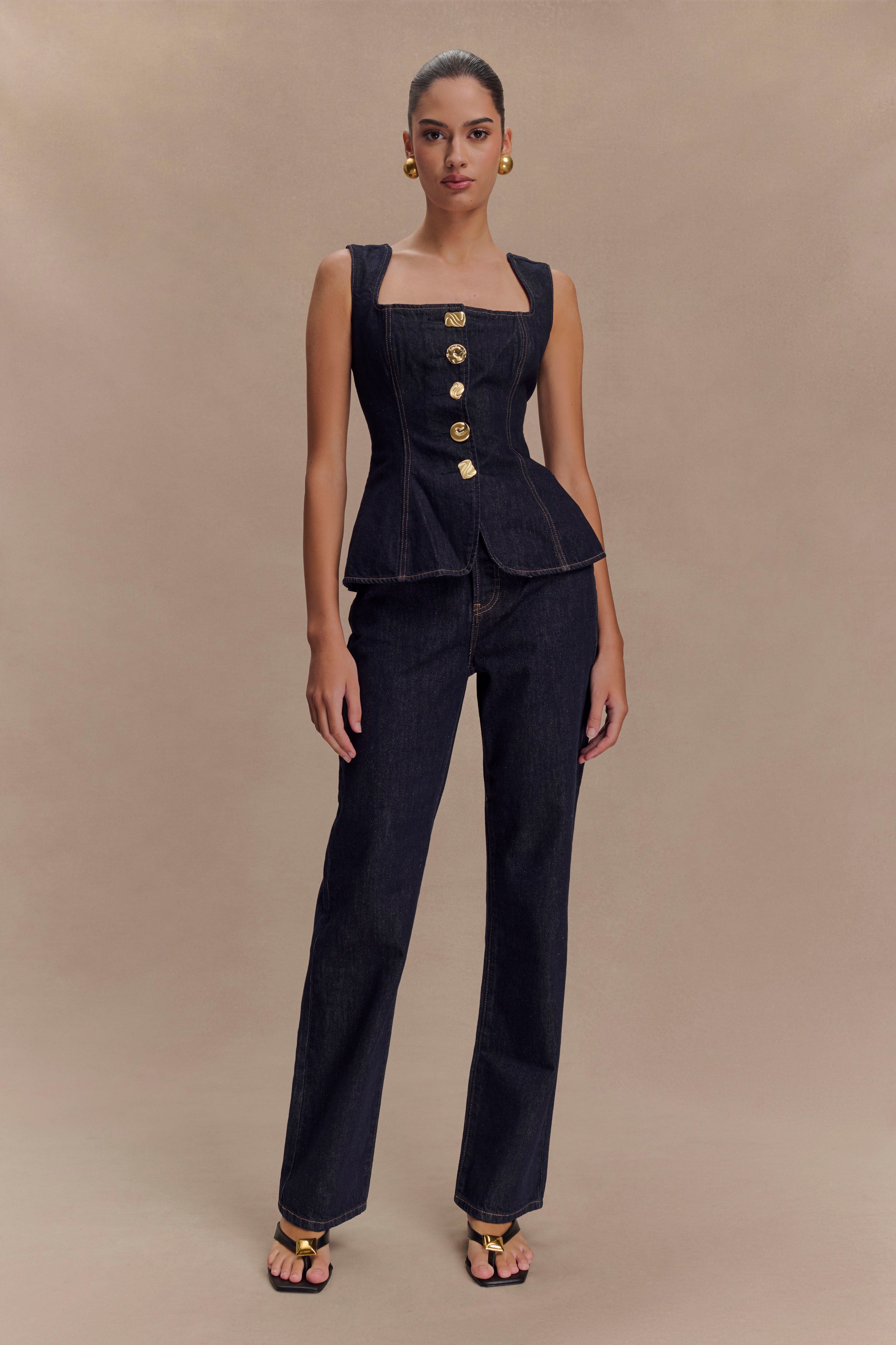 Neve Sleeveless Buttoned Denim Top - Washed Indigo Blue、mySite、solidvoid