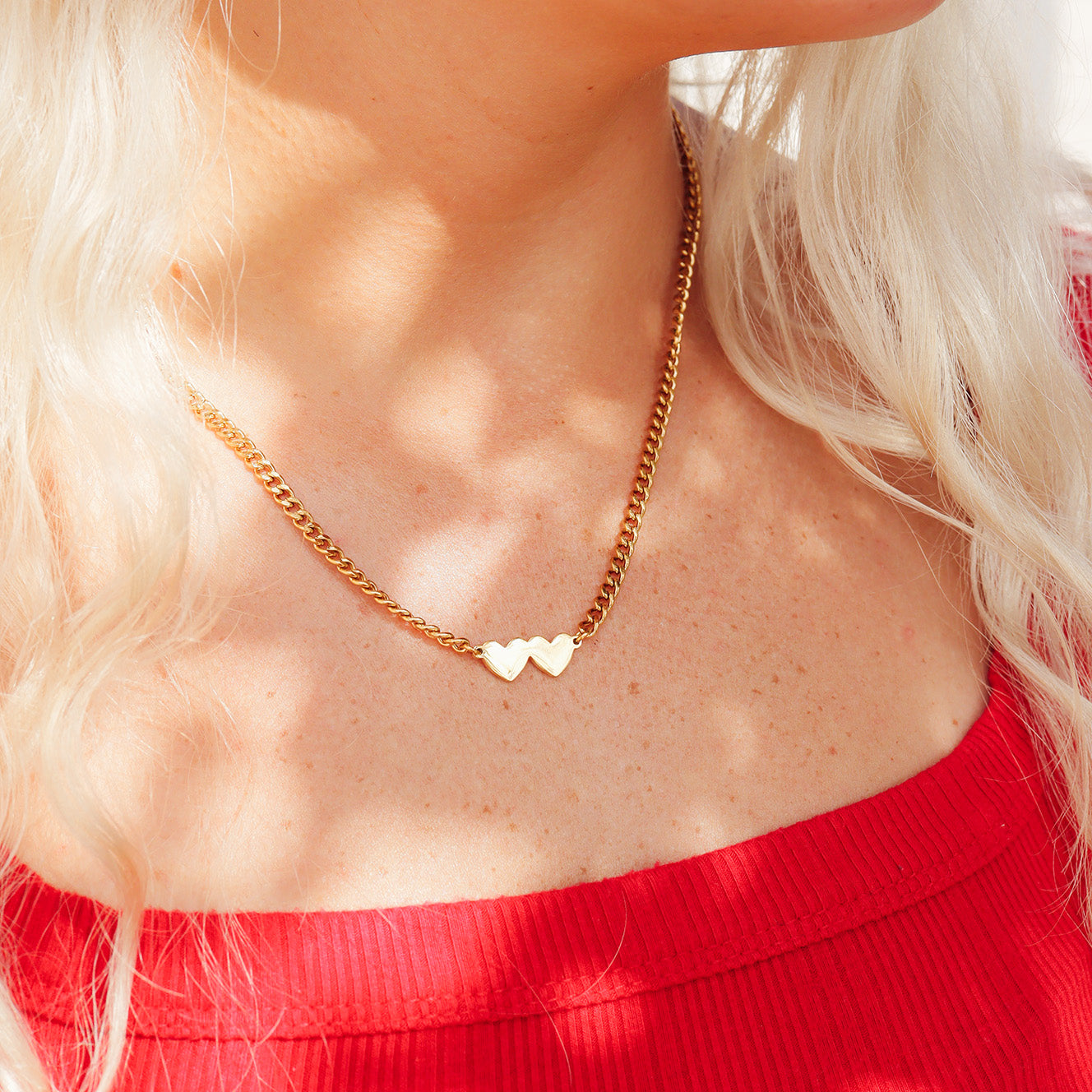 18K Gold PVD Stainless Steel Engravable 2 Hearts on Curb Chain Necklace / SBB0364、mySite、dreamappss