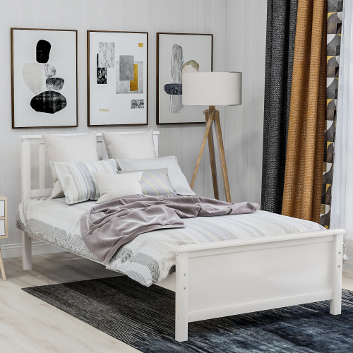 Twin Size Wood Platform Bed with Headboard,Footboard and Wood Slat Support, White、、casual
