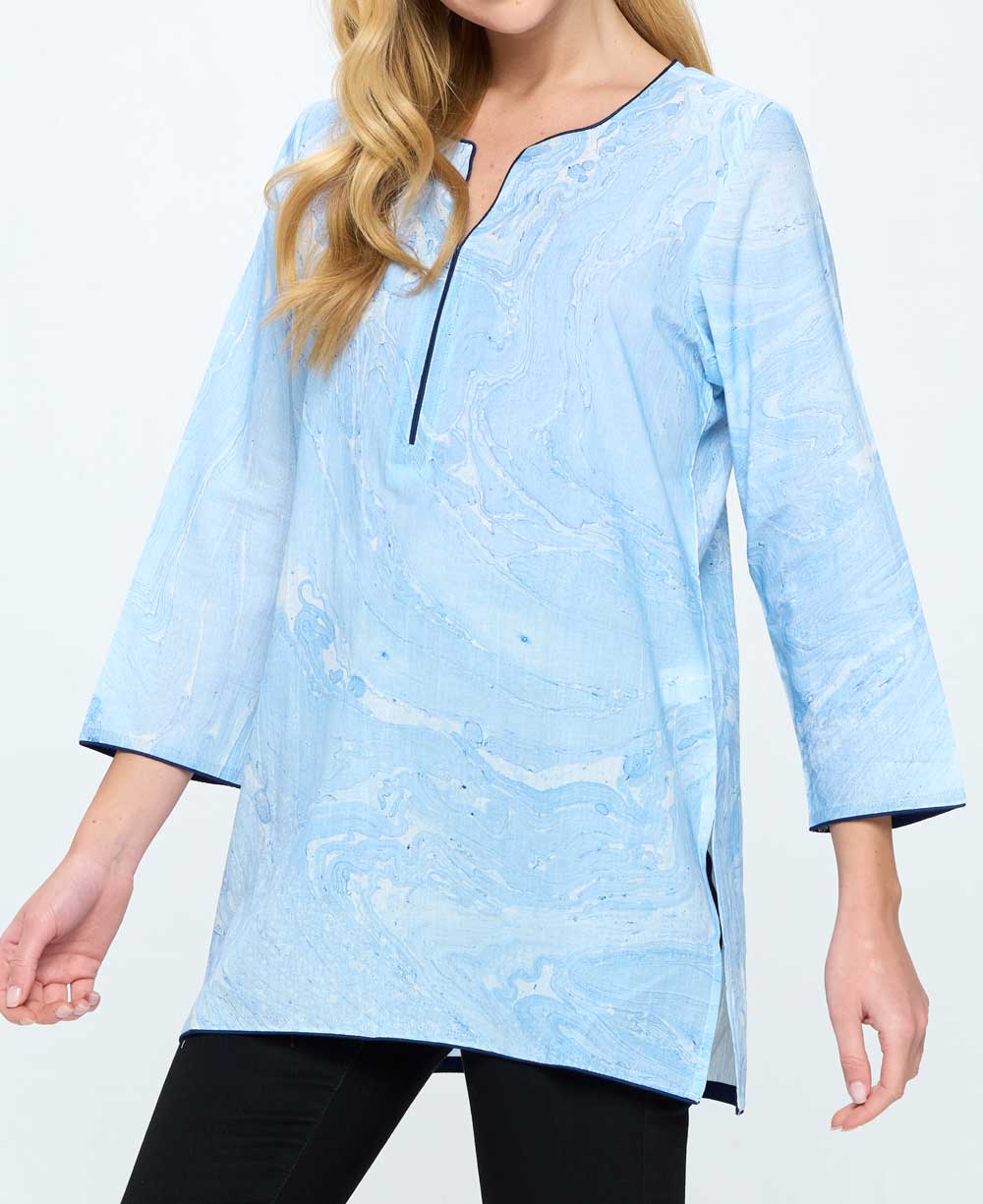 Hand Tie and Dye Blue Marble Print Soft Cotton Tunic Top、mySite、topwebapps