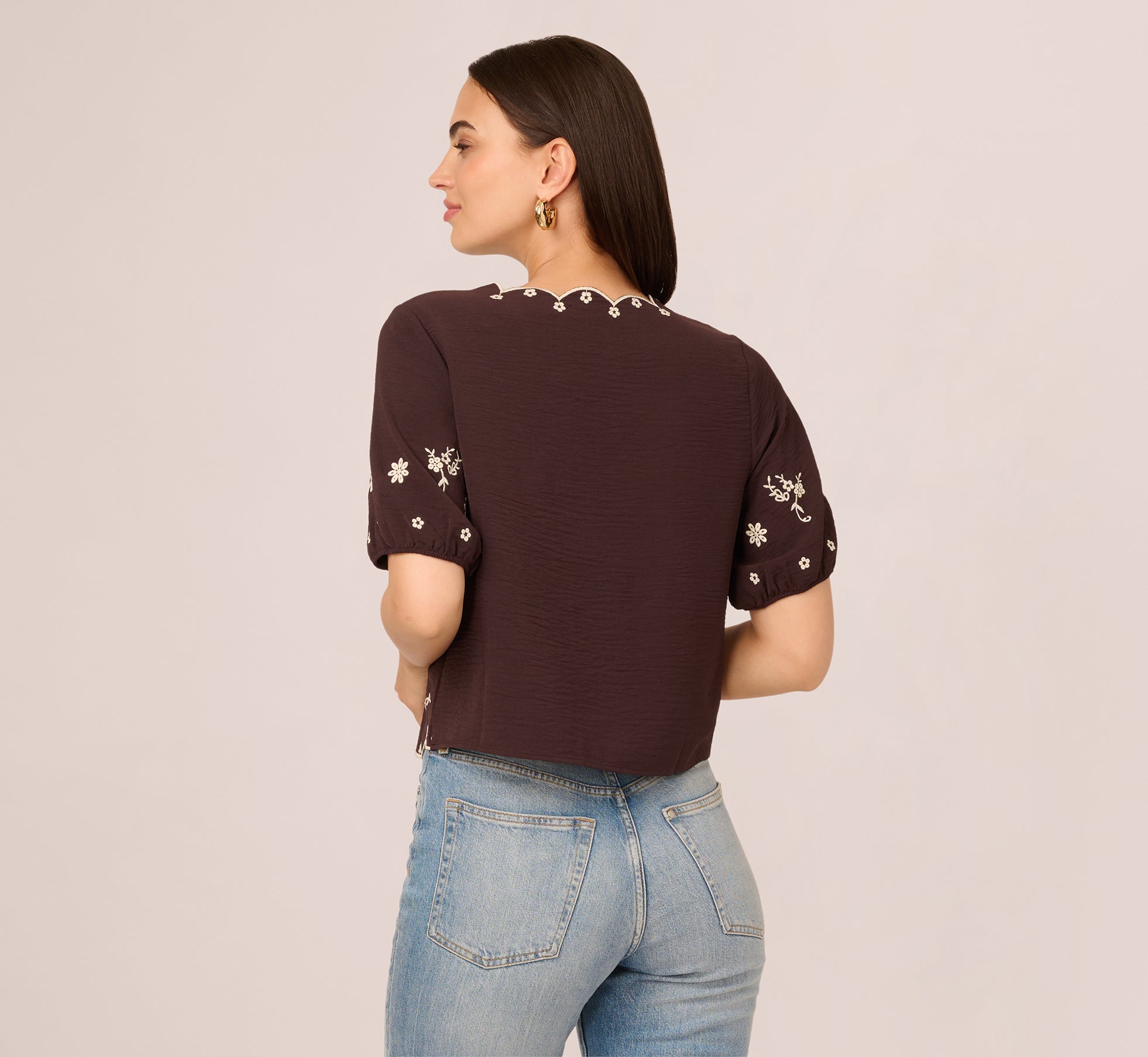 Puff Sleeve Embroidered Tie Front Top In Chocolate Ecru、mySite、solidvoid