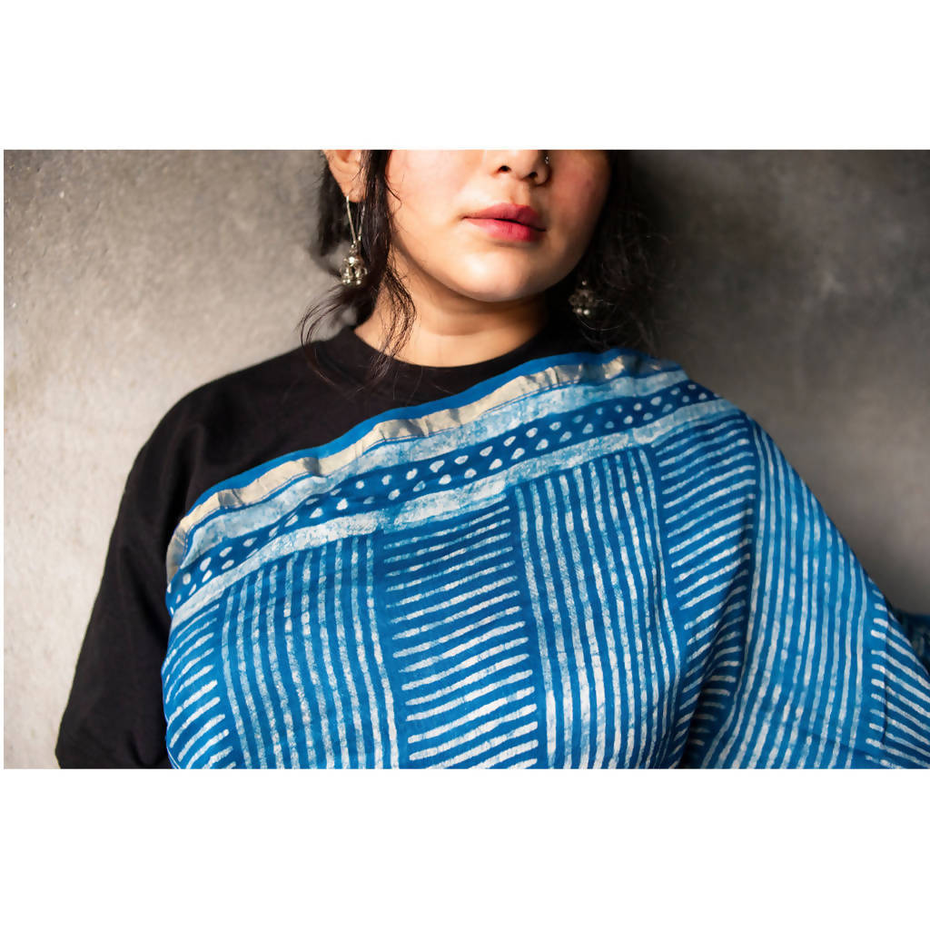 Festive Wear | Natural Dyed Blue Dabu Printed Chanderi Saree、mySite、camillekostekn