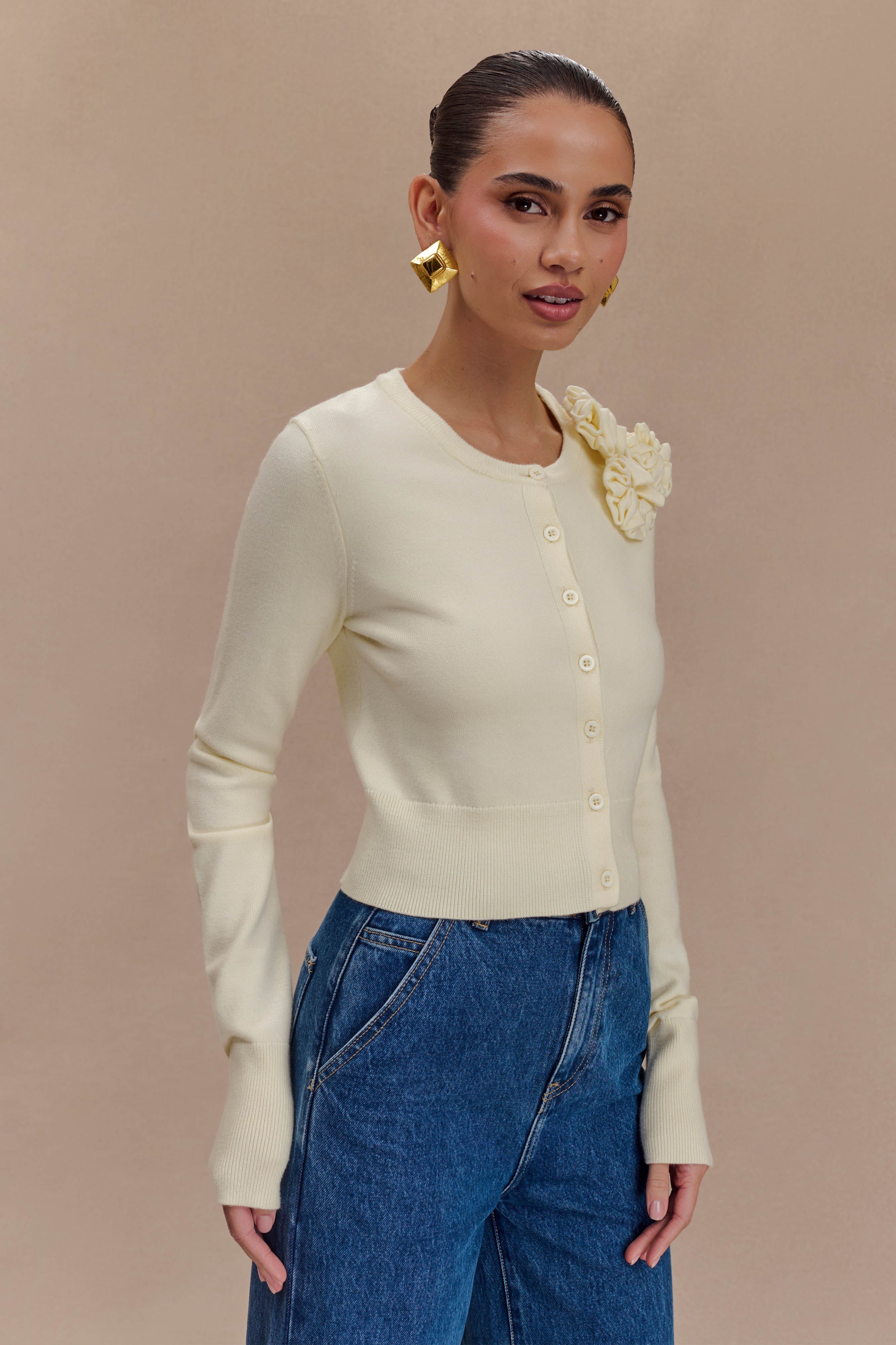 Gianna Knit Cardigan With Flowers - Cream、mySite、solidvoid